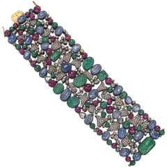 Emerald, Sapphire, Ruby and Diamond Wide Bracelet