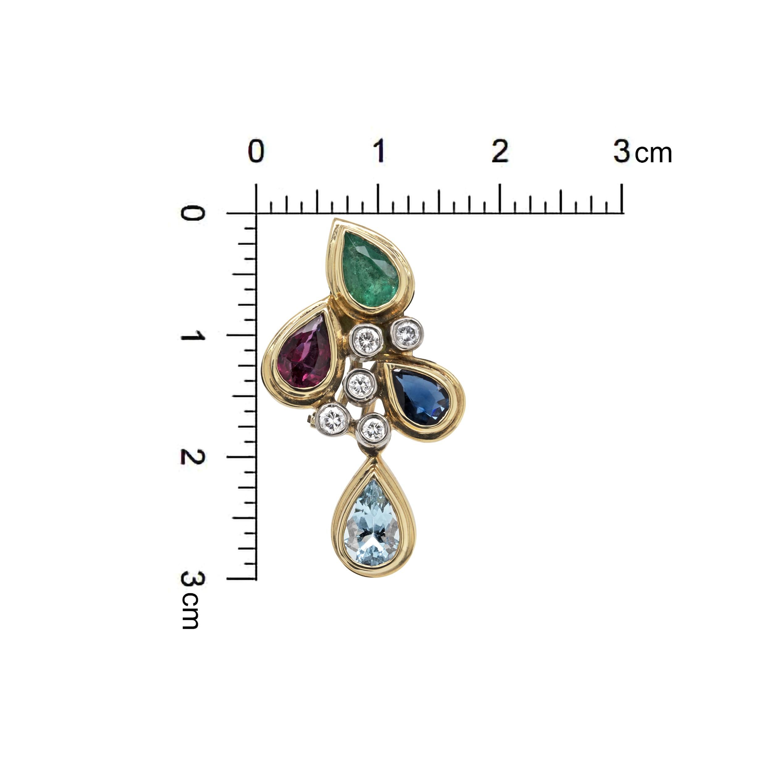 Pear Cut Emerald, Sapphire, Ruby, Aquamarine and Diamond 18ct Gold Cluster Earrings
