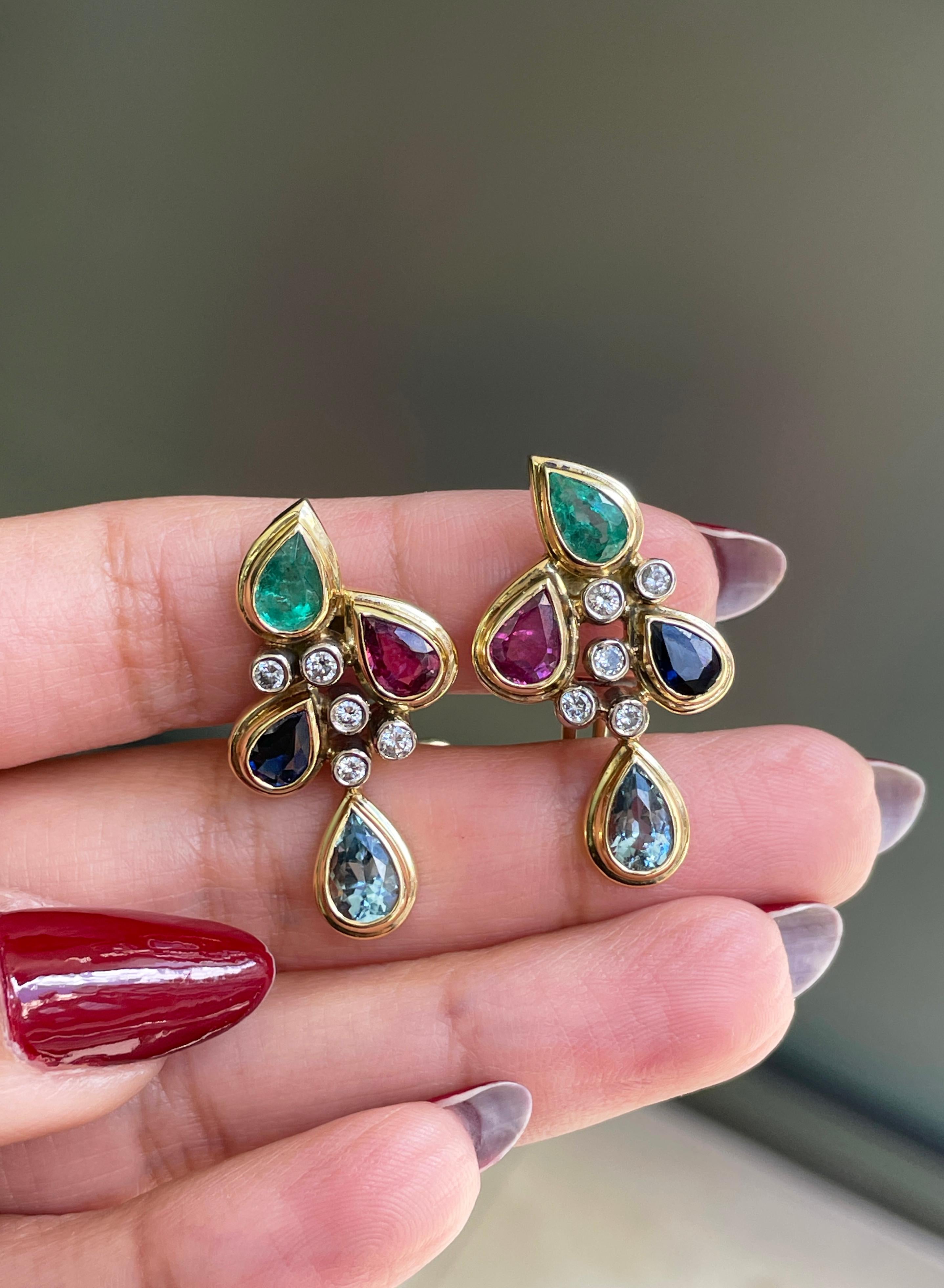 Women's Emerald, Sapphire, Ruby, Aquamarine and Diamond 18ct Gold Cluster Earrings