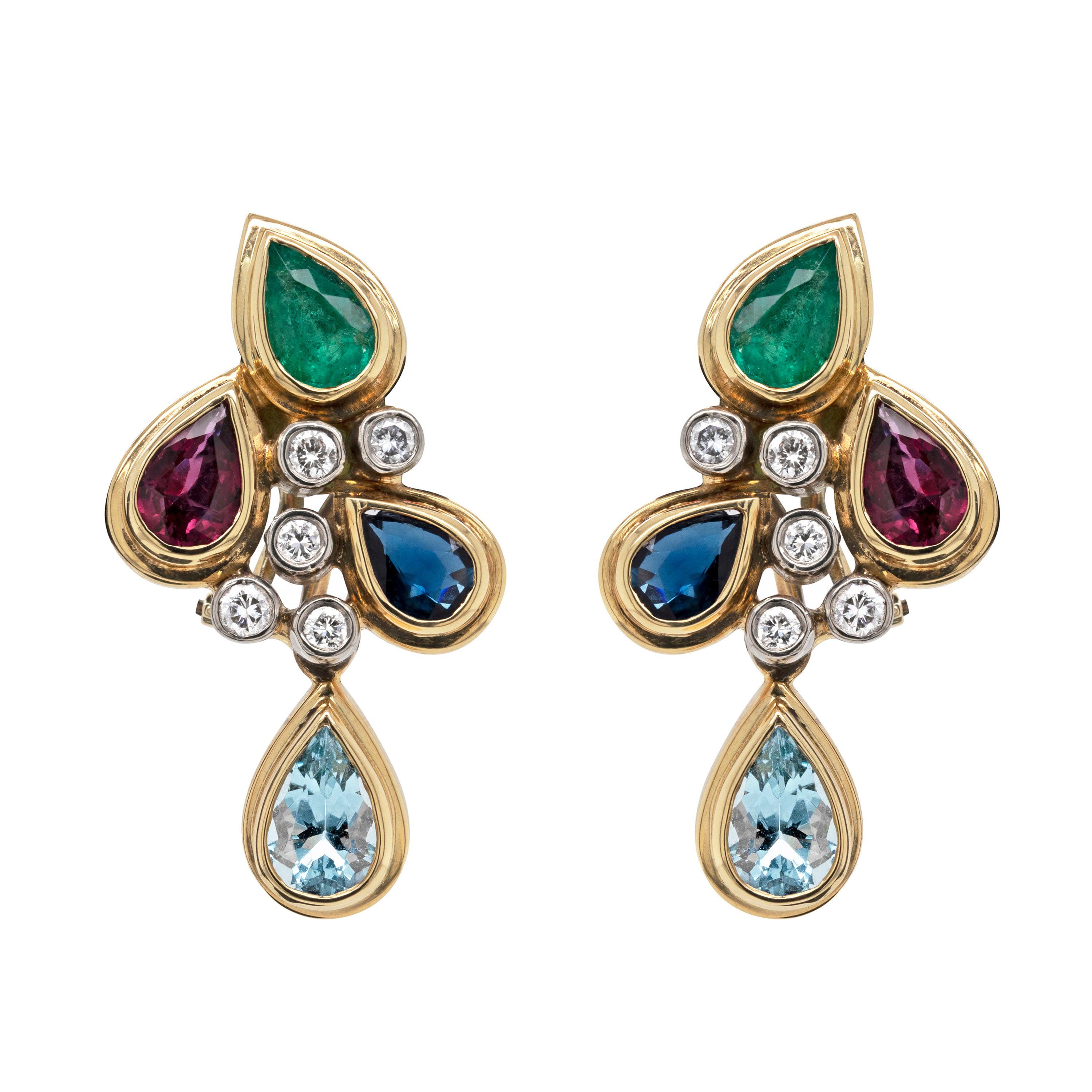 Emerald, Sapphire, Ruby, Aquamarine and Diamond 18ct Gold Cluster Earrings