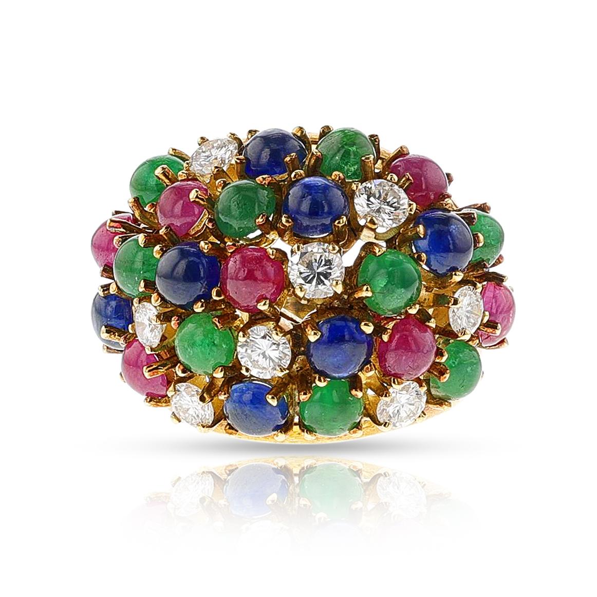 Bague bombe en émeraude, saphir, rubis et diamant, 18k Excellent état - En vente à New York, NY