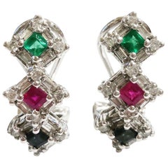 pn-14k Diamond, Emerald, Sapphire, Ruby Half Hoop Clip-On 14K Gold Earrings