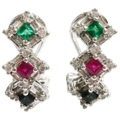 Vintage Diamond, Emerald, Sapphire, Ruby Half Hoop Clip-On 14K Gold Earrings