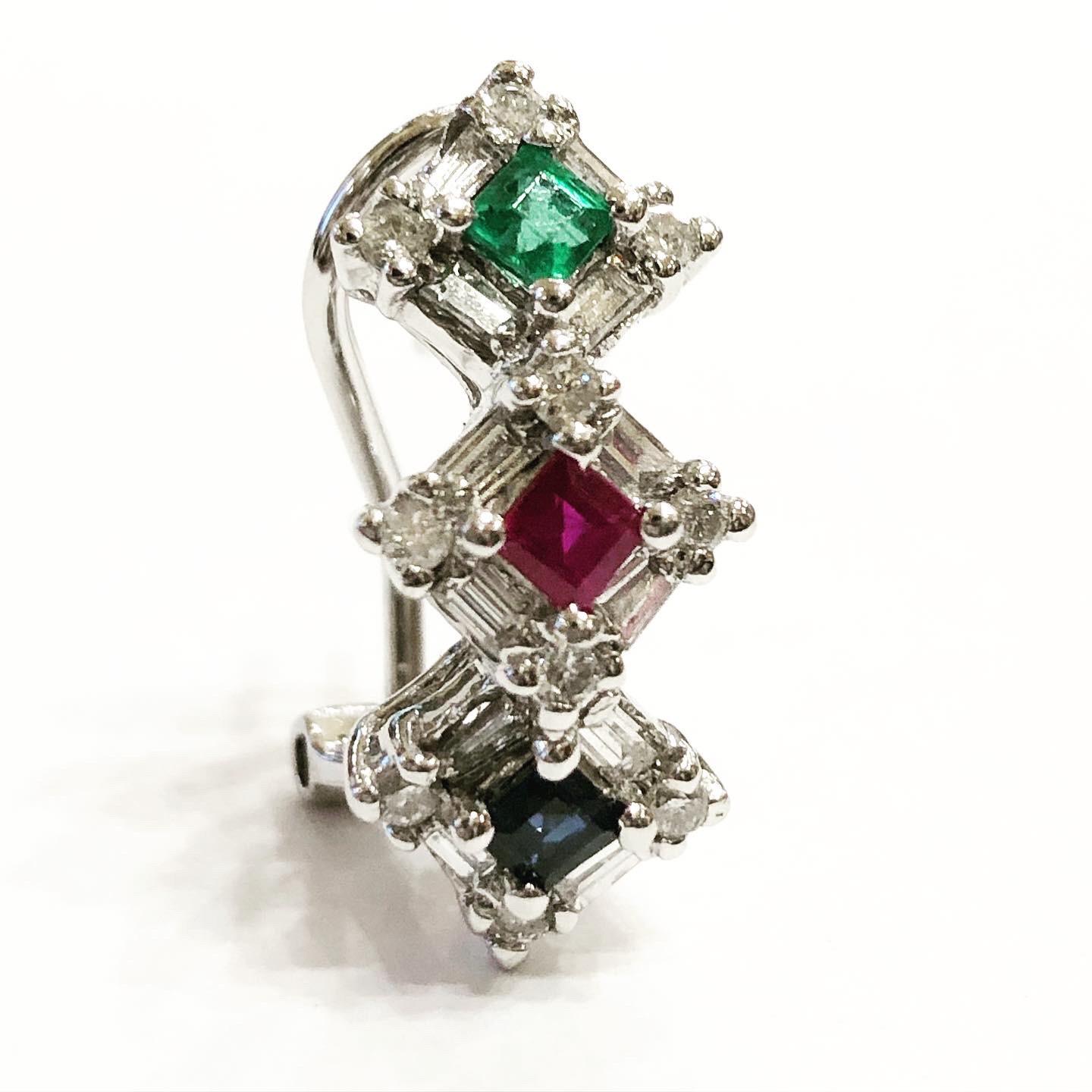 Emerald Cut Diamond, Emerald, Sapphire, Ruby Half Hoop Clip-On 14K Gold Earrings