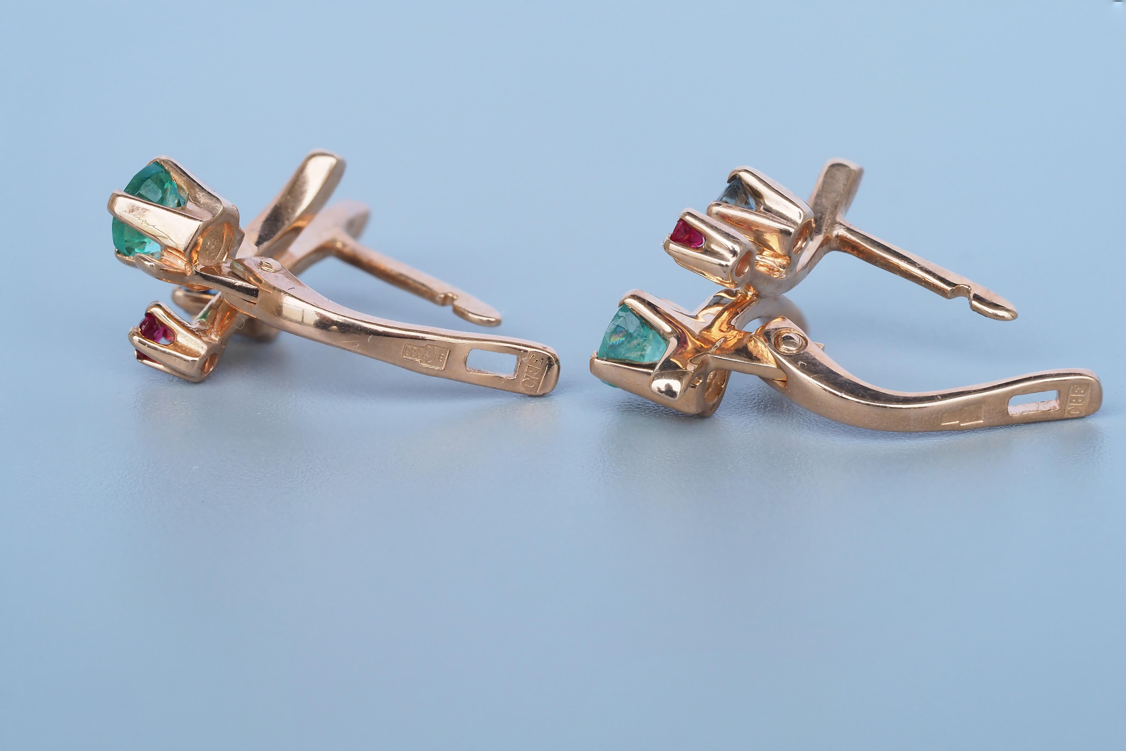 Emerald, sapphire, ruby earrings in 14k gold.  In New Condition For Sale In Istanbul, TR