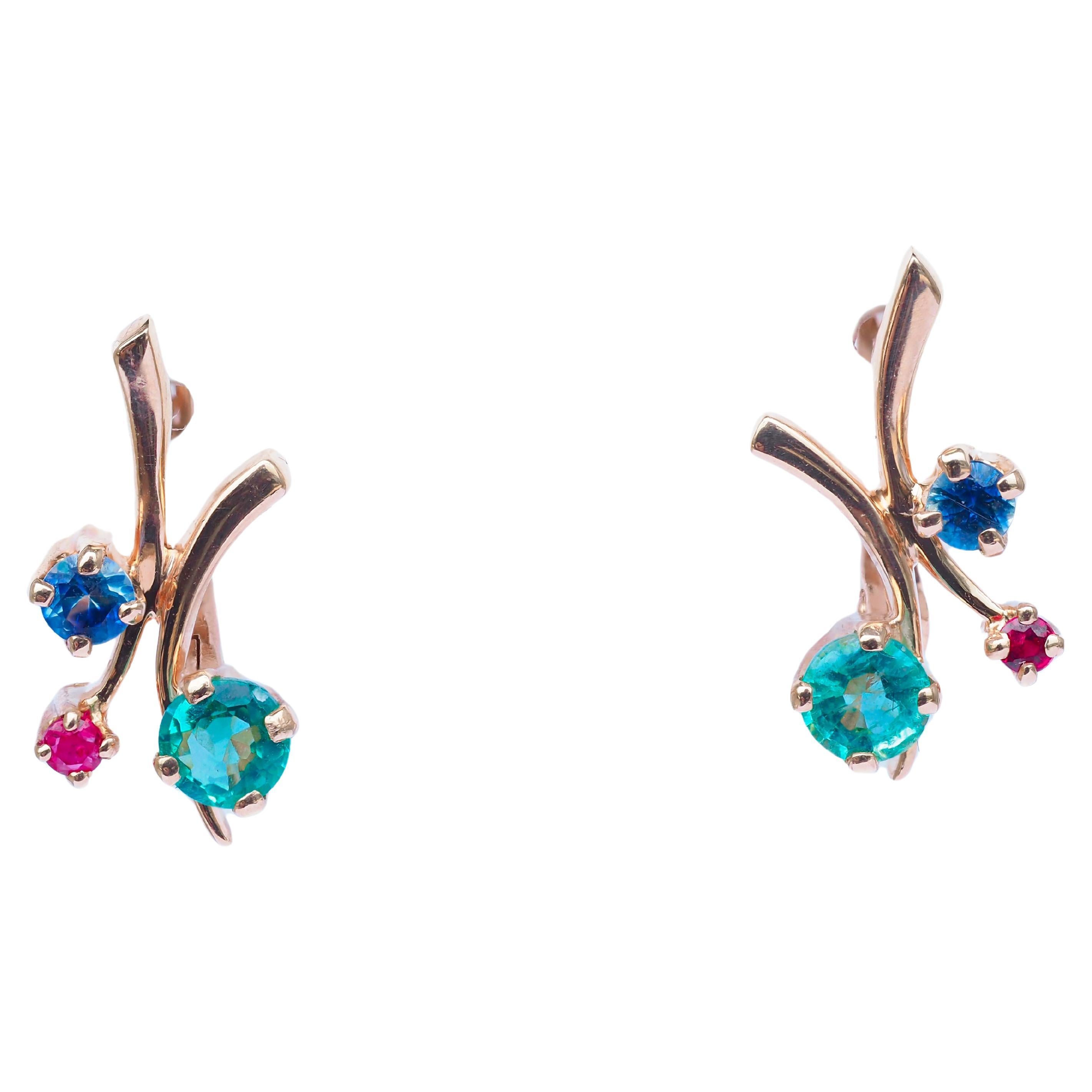Emerald, sapphire, ruby earrings in 14k gold.  For Sale