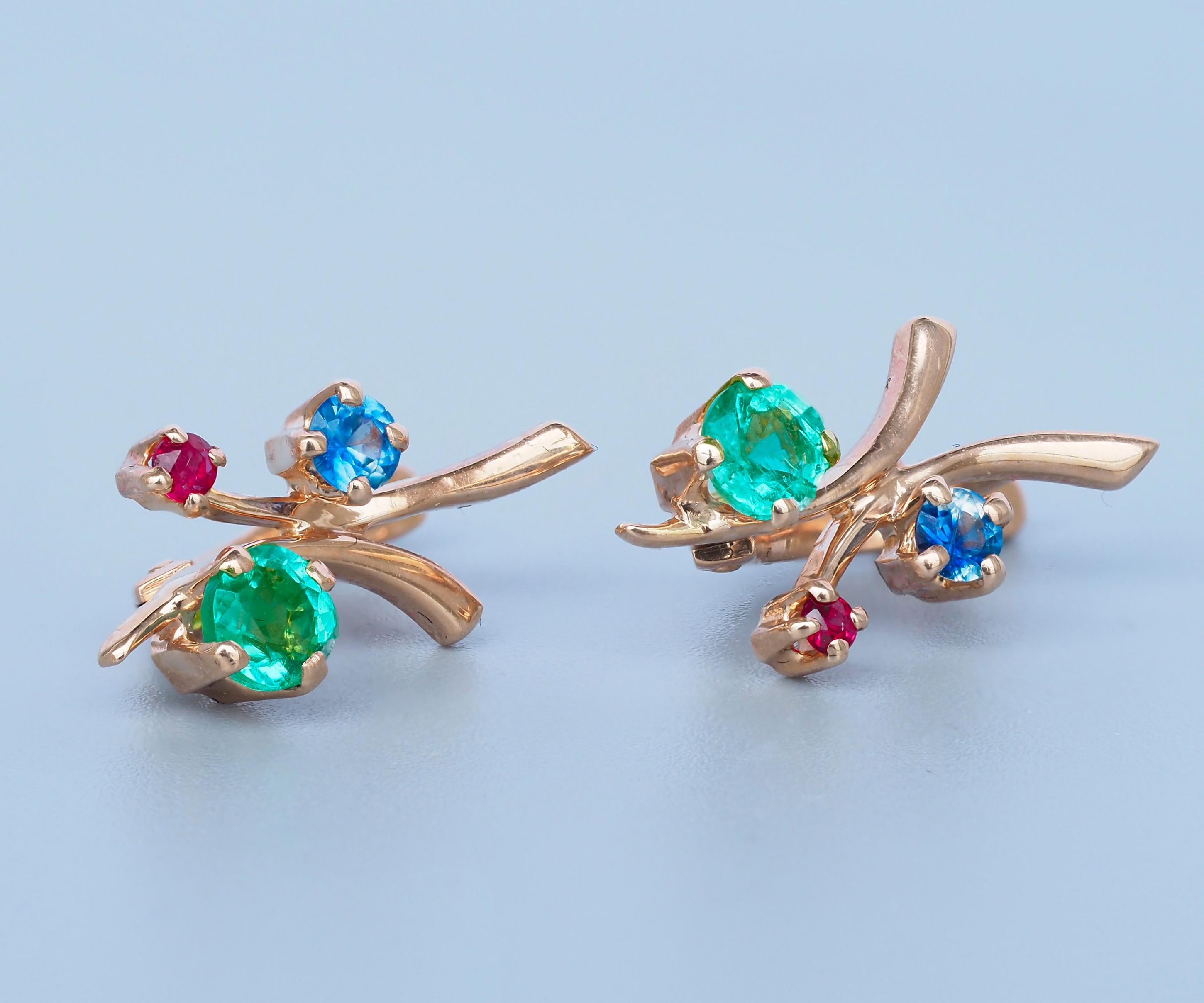 Modern Emerald, sapphire, ruby earrings in 14k gold. Tiny gold earrings. For Sale