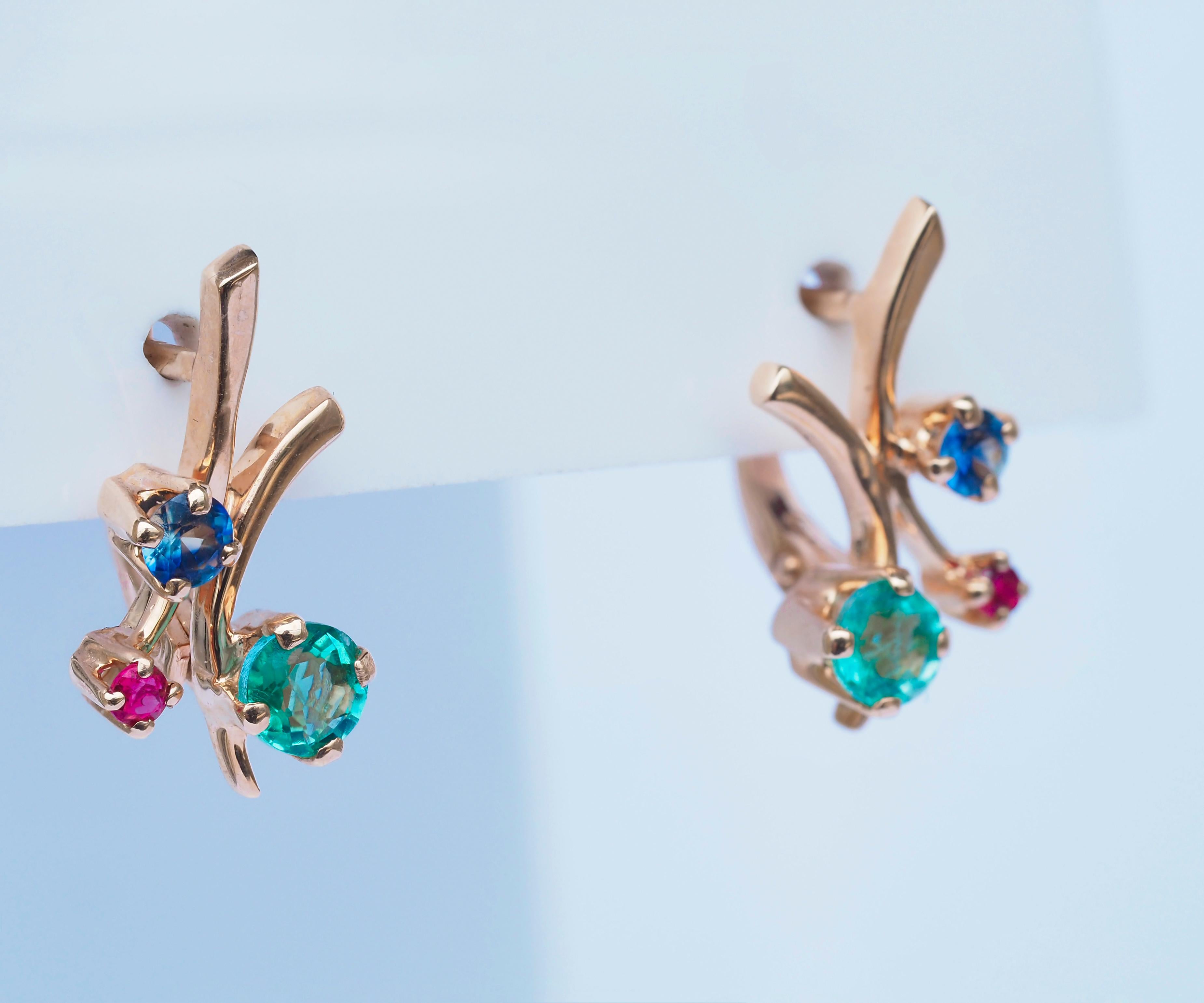 Modern Emerald, sapphire, ruby earrings in 14k gold. Tiny gold earrings.  For Sale