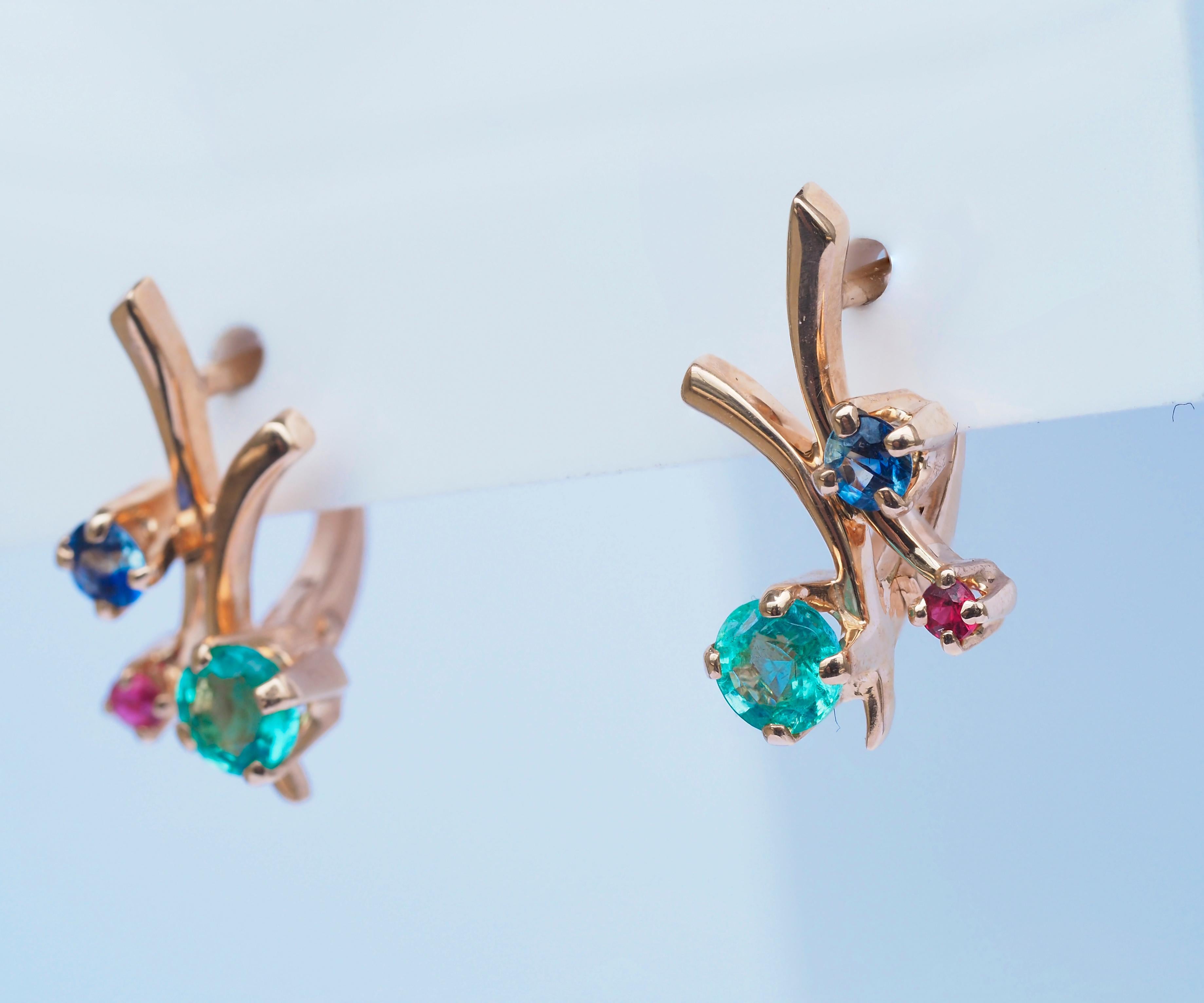 Emerald, sapphire, ruby earrings in 14k gold. Tiny gold earrings.  For Sale 1