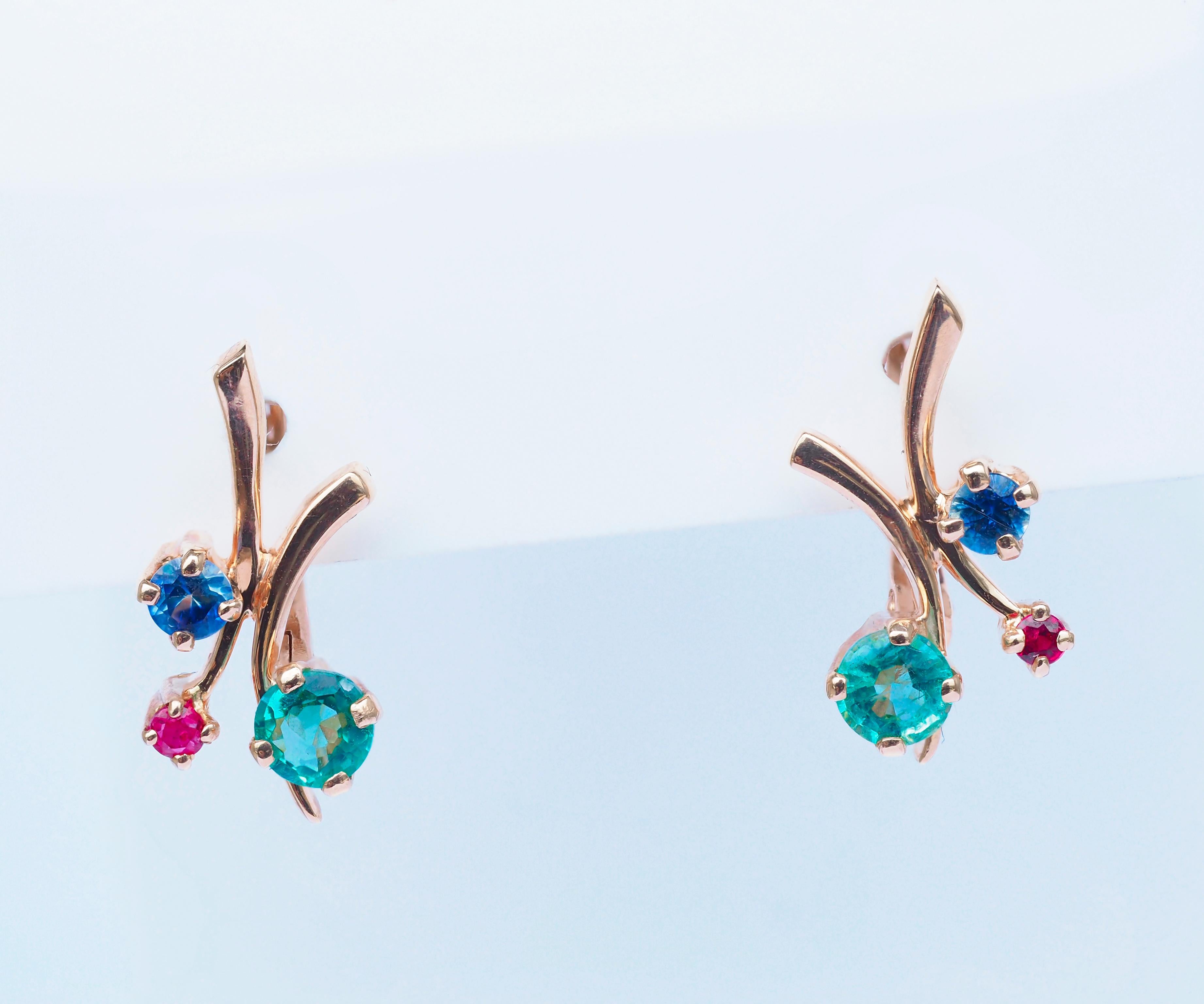 Emerald, sapphire, ruby earrings in 14k gold. Tiny gold earrings.  For Sale 2