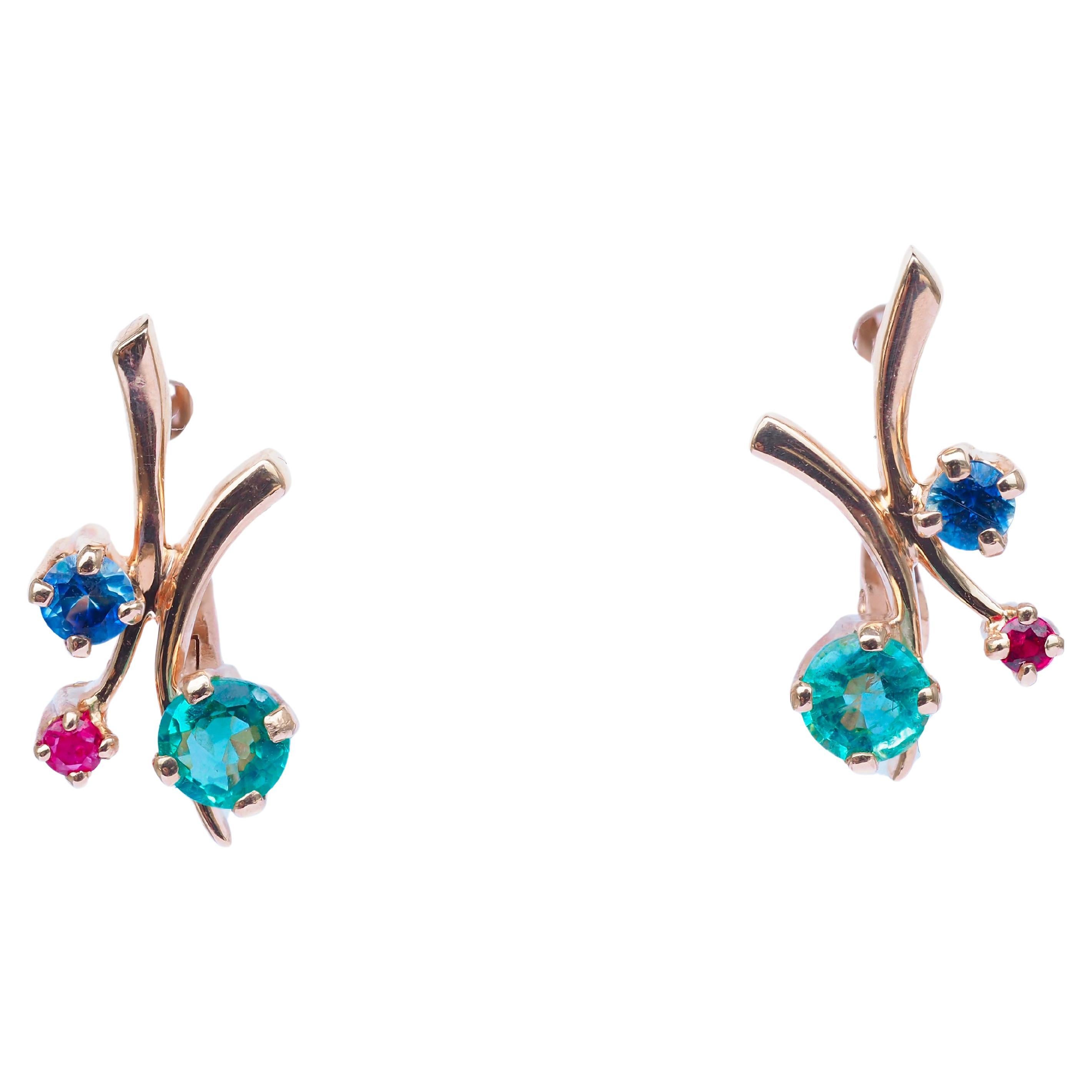 Emerald, sapphire, ruby earrings in 14k gold. Tiny gold earrings.  For Sale