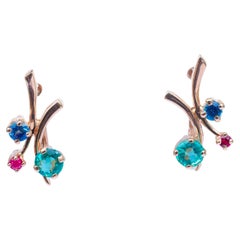 Emerald, sapphire, ruby earrings in 14k gold. Tiny gold earrings. 