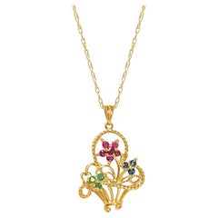 Emerald, Sapphire & Ruby Flower Basket Necklace