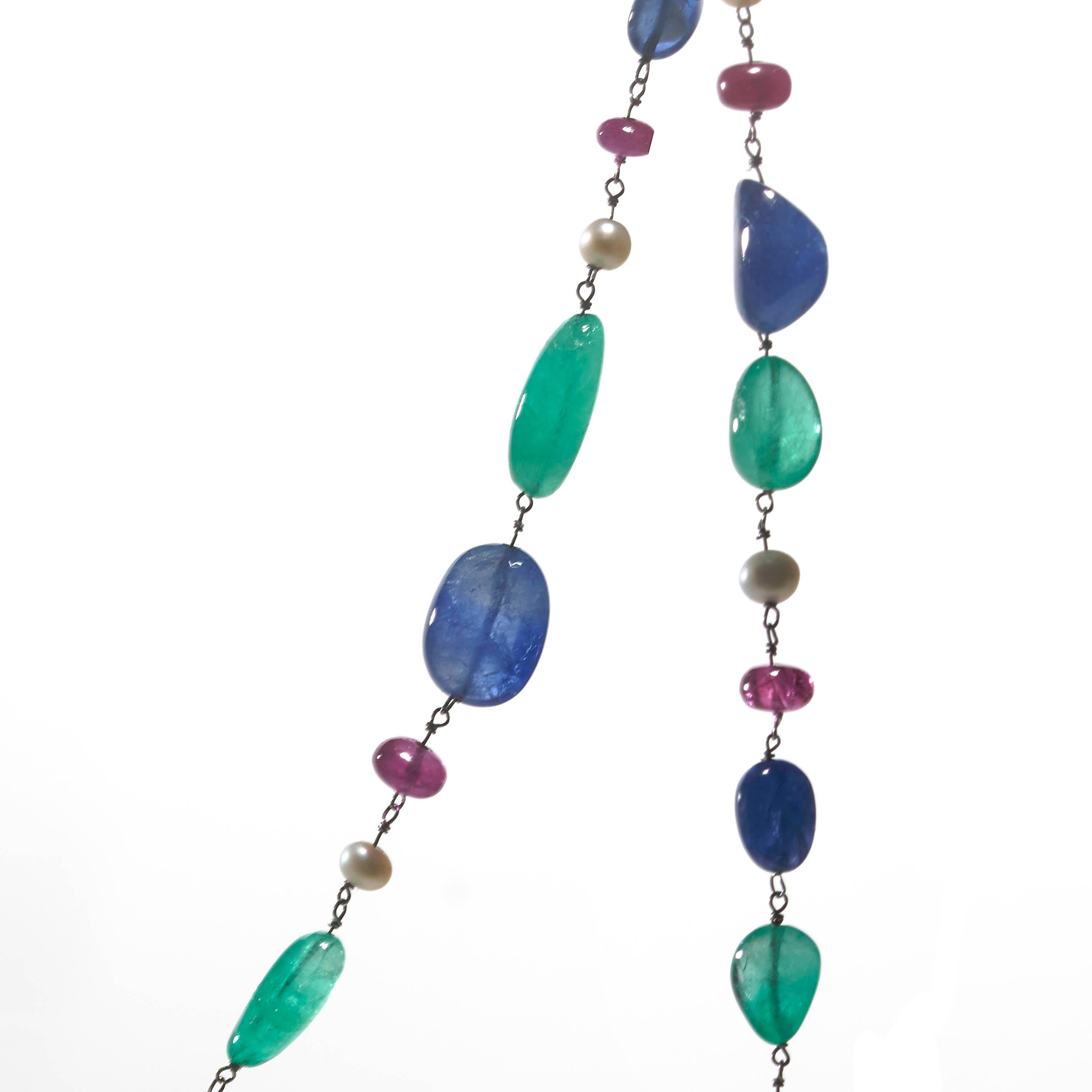 Modern Emerald, Sapphire, Ruby, Pearl and White Gold Long Chain Necklace For Sale