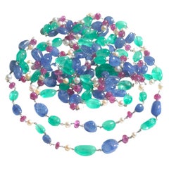 Emerald, Sapphire, Ruby, Pearl and White Gold Long Chain Necklace