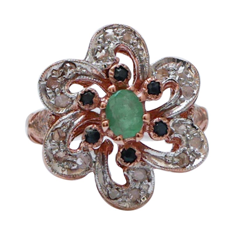 Smaragd, Saphire, Diamanten, Rose Gold und Silber Ring.