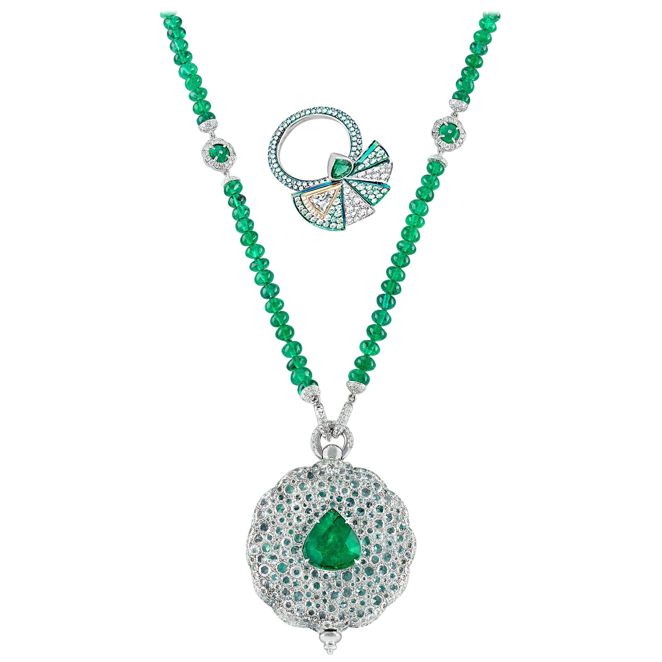 Emerald Secret Fan Necklace and Ring Set, 112.27 Carat