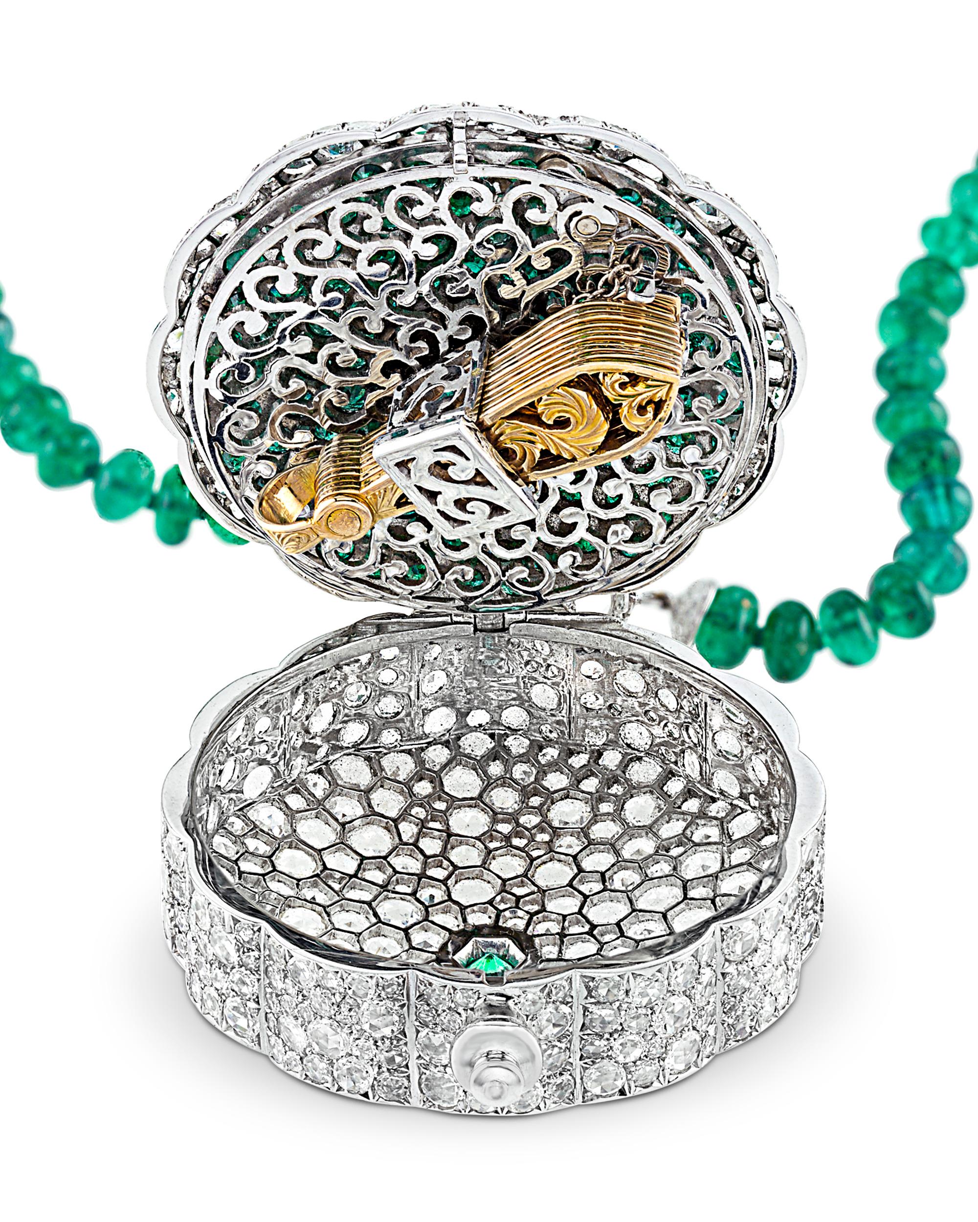 Pear Cut Emerald Secret Fan Necklace and Ring Set, 112.27 Carat