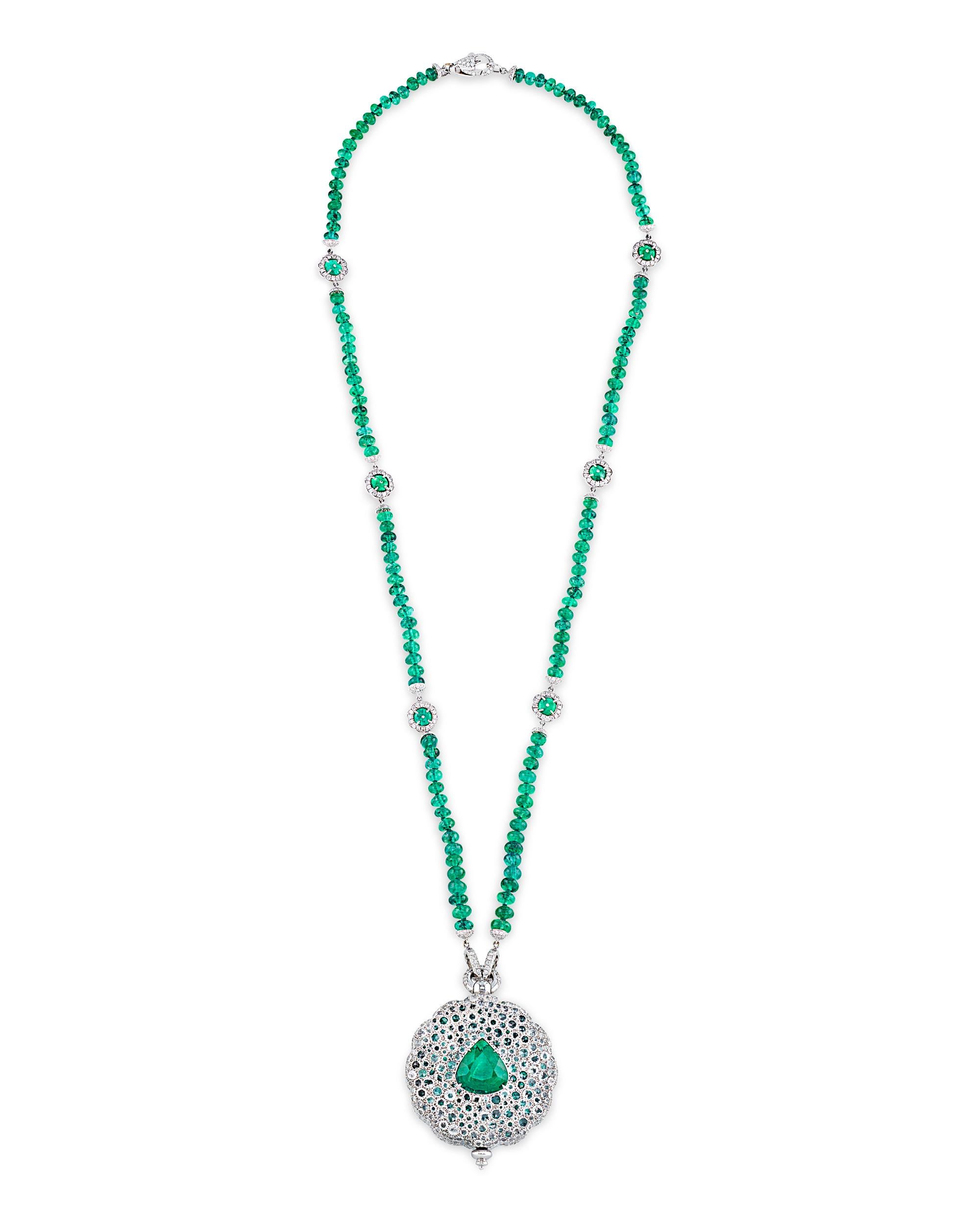 Women's or Men's Emerald Secret Fan Necklace and Ring Set, 112.27 Carat