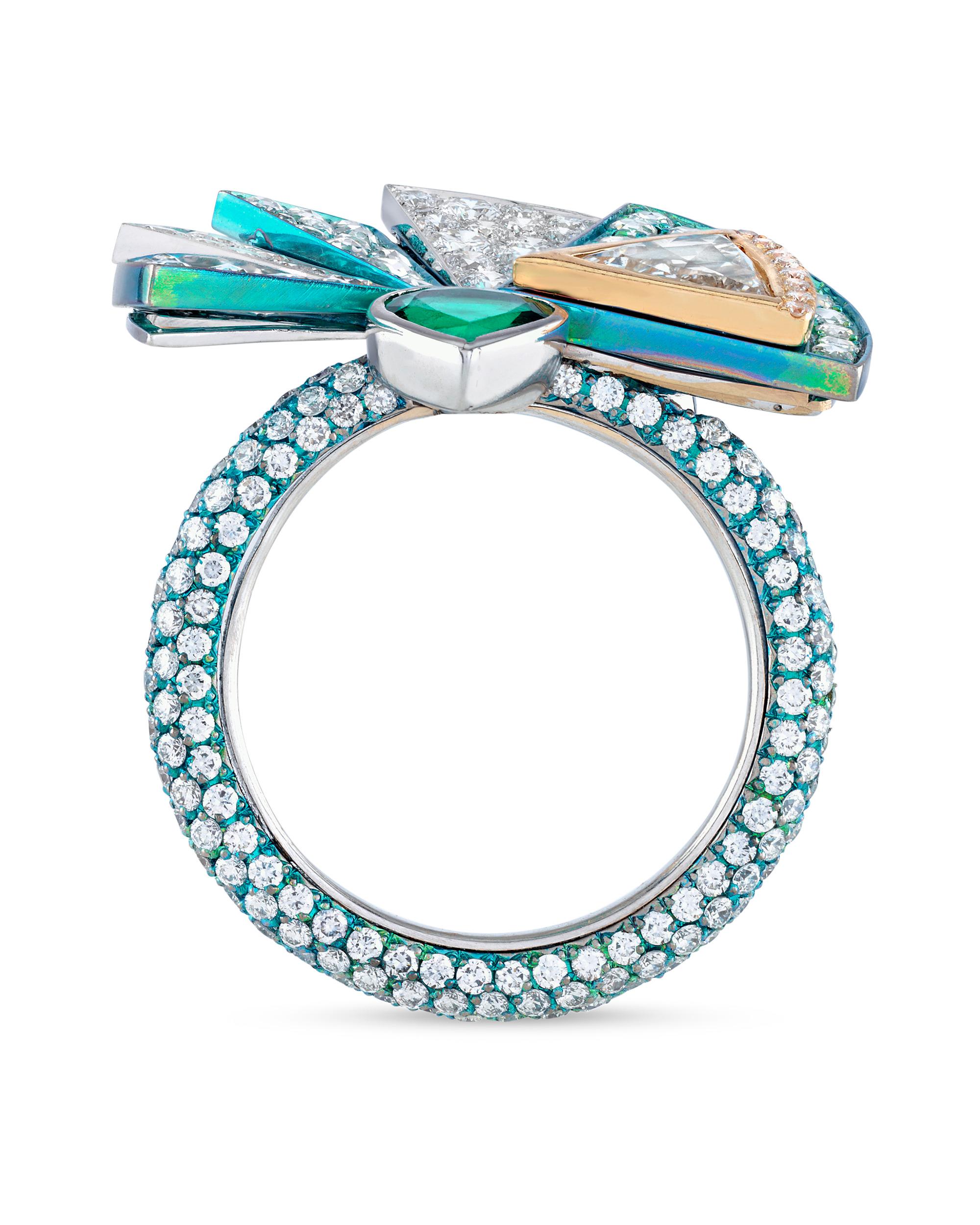 Emerald Secret Fan Necklace and Ring Set, 112.27 Carat 1