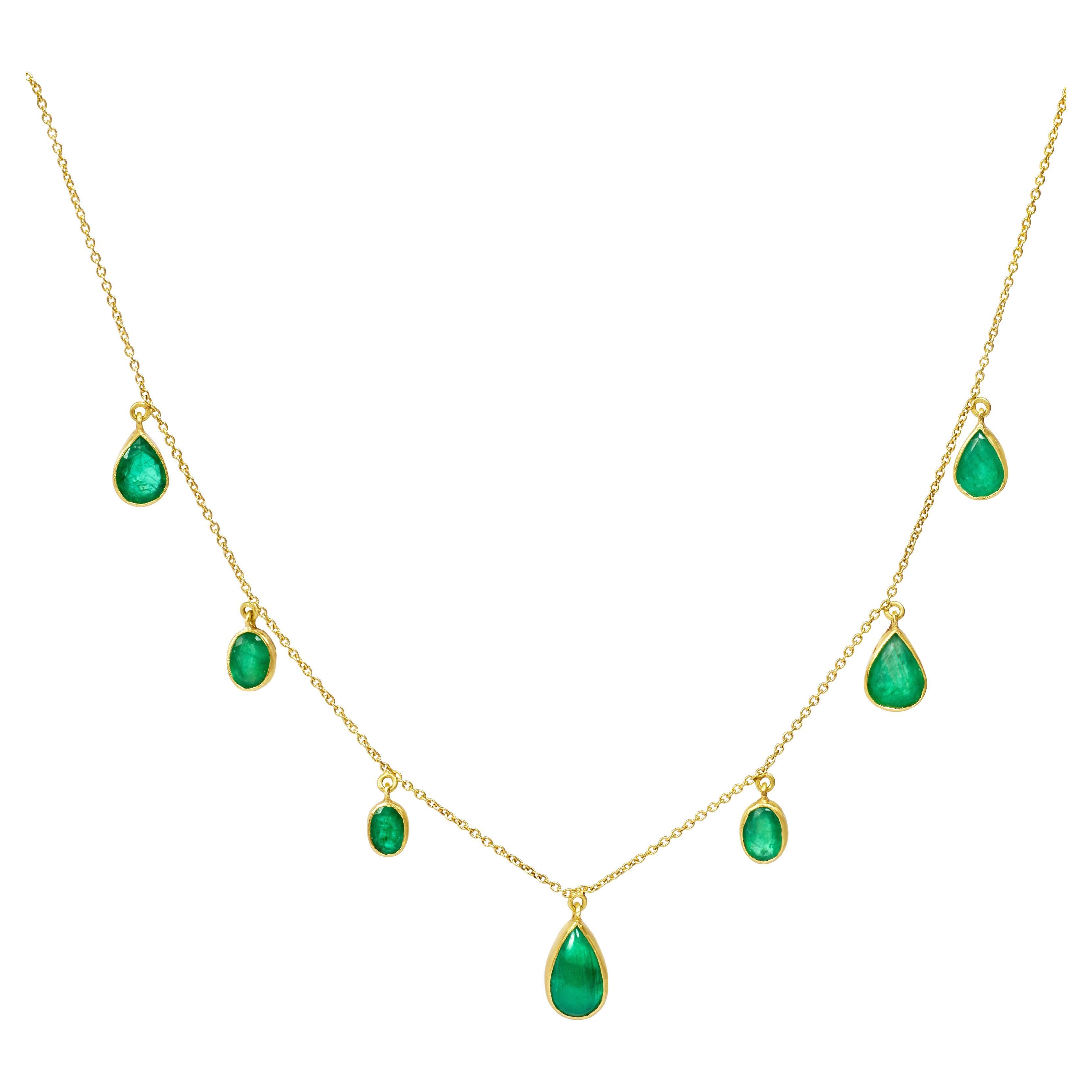 Emerald Set in 18kt Gold Garland Hanging on a 18kt Gold Chain For Sale