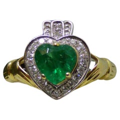 Vintage Emerald Set Irish Claddagh ring with Diamonds in 14K Gold