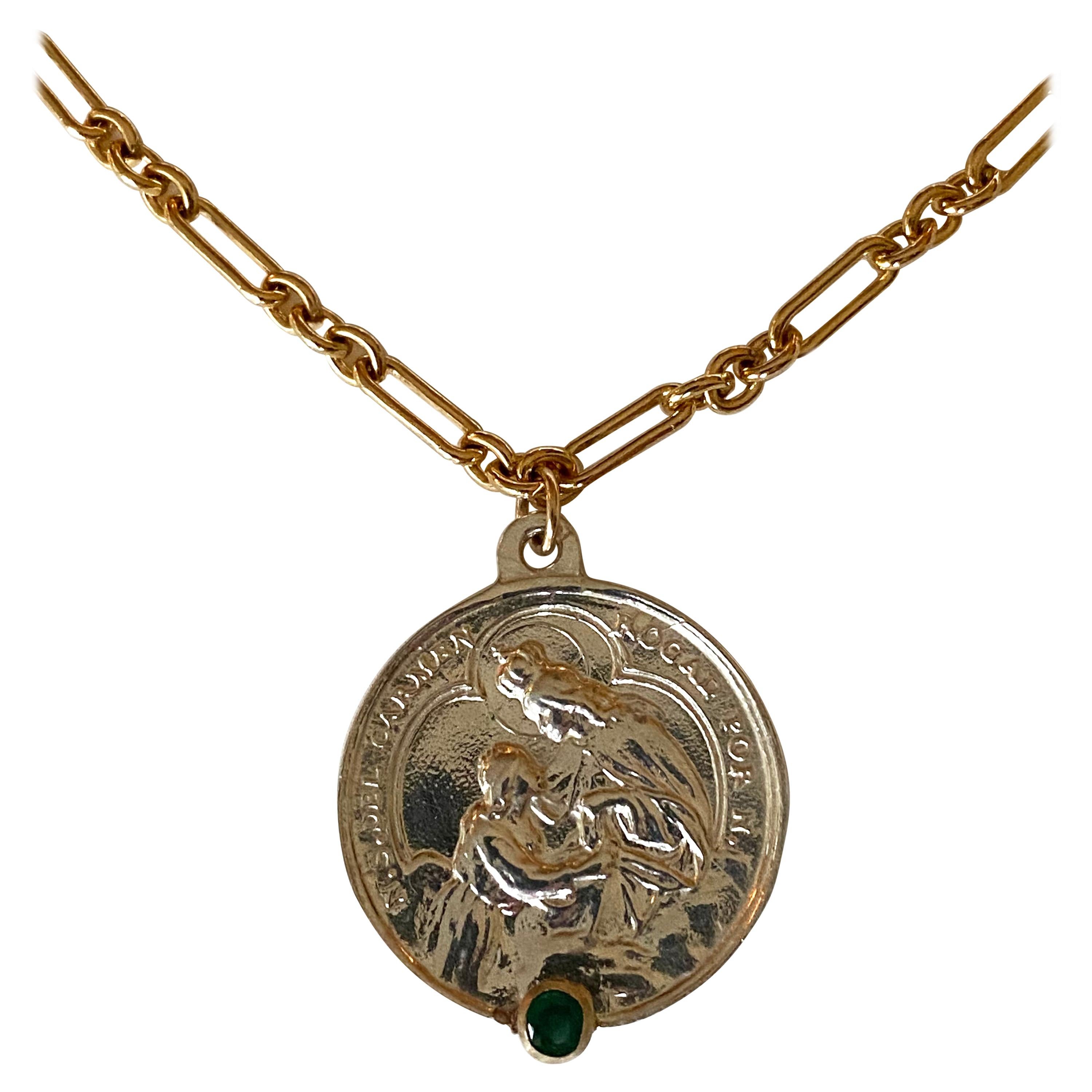 Medal Chain Necklace Emerald Virgin Mary Sterling Silver Chunky J Dauphin

Exclusive piece with a Round Virgin Mary Medal in Silver with an Emerald set in a Gold Prong prong and with a gold filled Chain. Necklace is 22