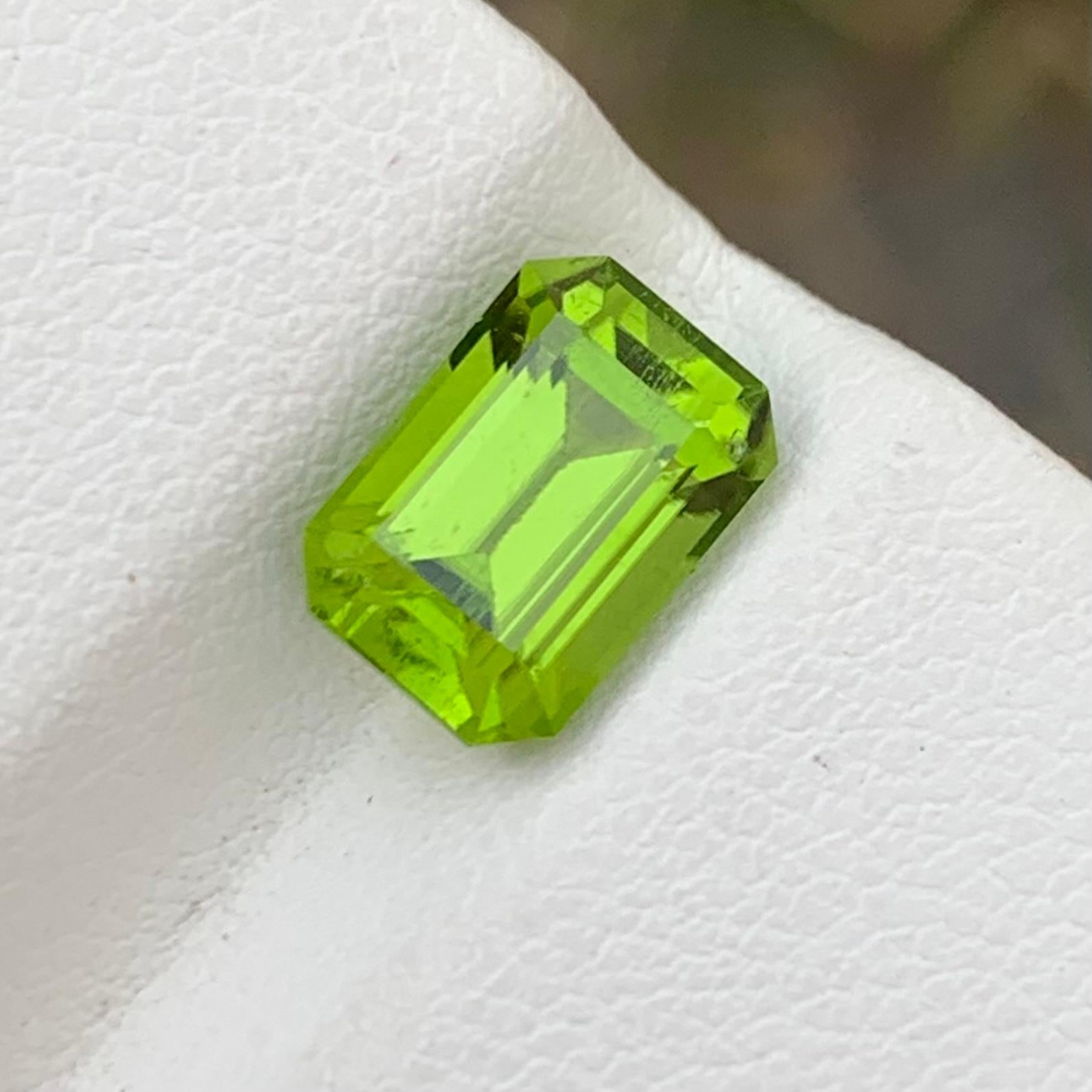 Loose Peridot 
Weight: 2.65 Carat 
Dimension: 8.9 x 6.2 x 5.3 Cm 
Origin: Supat Valley, Mansehra District, Pakistan 
Color: Apple Green 
Shape : Emerald 
Treatment: Non 
Certificate: On Demand 

Peridot, with its vibrant green hues reminiscent of