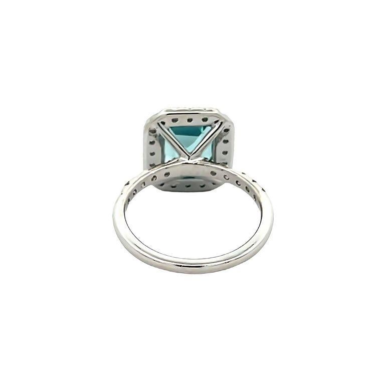 Women's Emerald Shape Aquamarine 3.01 Ct Round Diamond 0.52 Cocktail Ring 14k White Gold For Sale