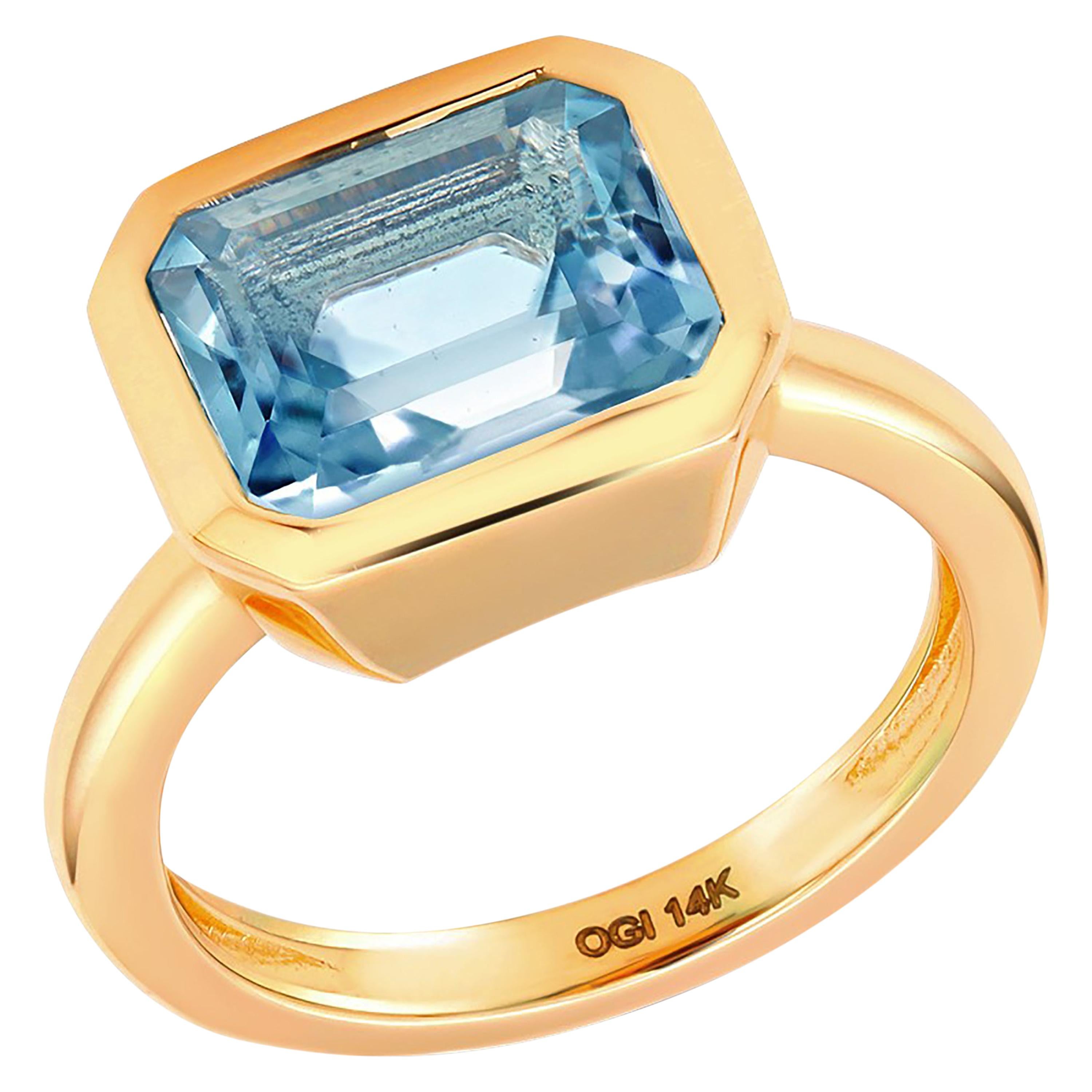 Emerald Shape Aquamarine Bezel Raised Dome Yellow Gold Cocktail Ring