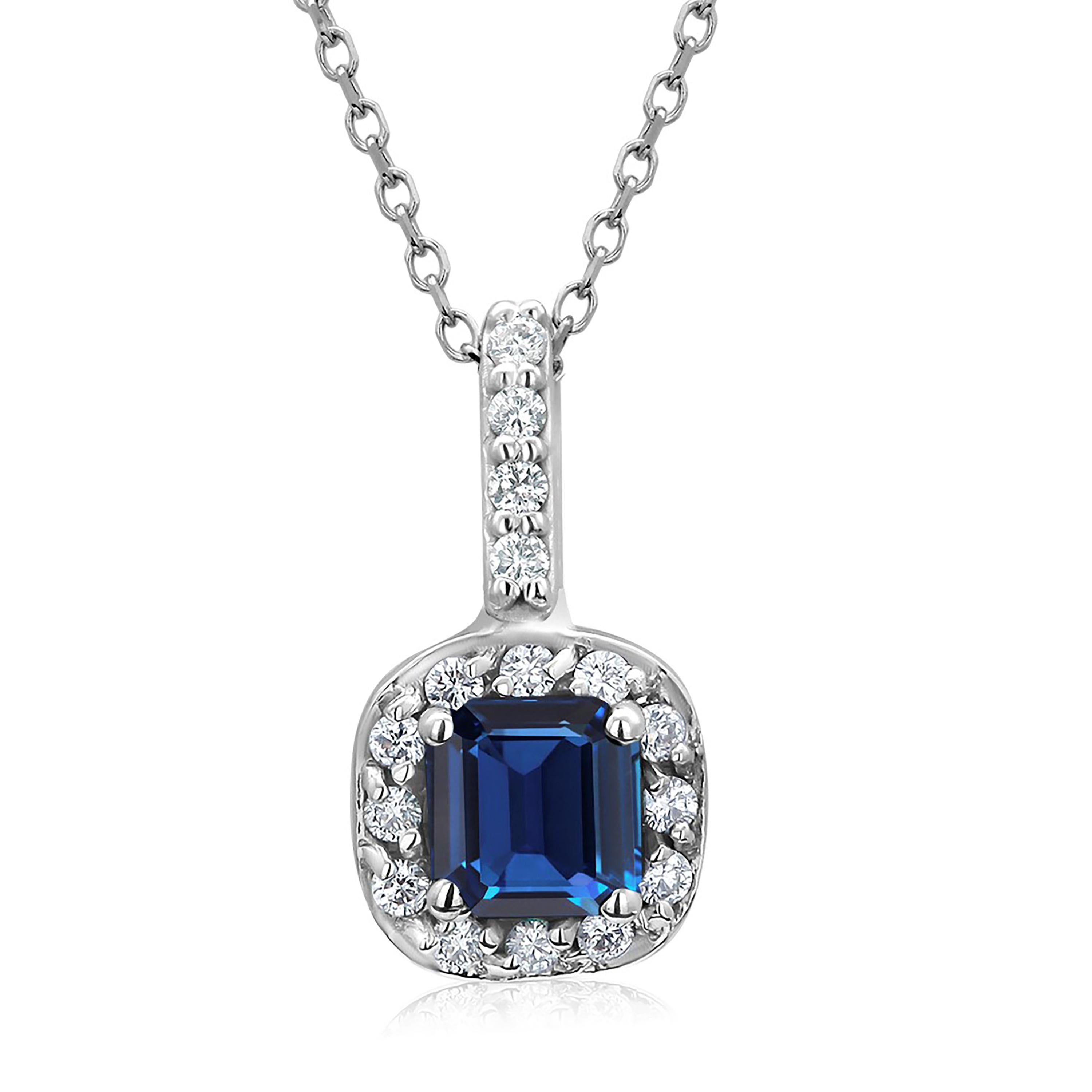 Women's or Men's Emerald Shape Blue Sapphire Halo Diamond Drop Gold Pendant Necklace