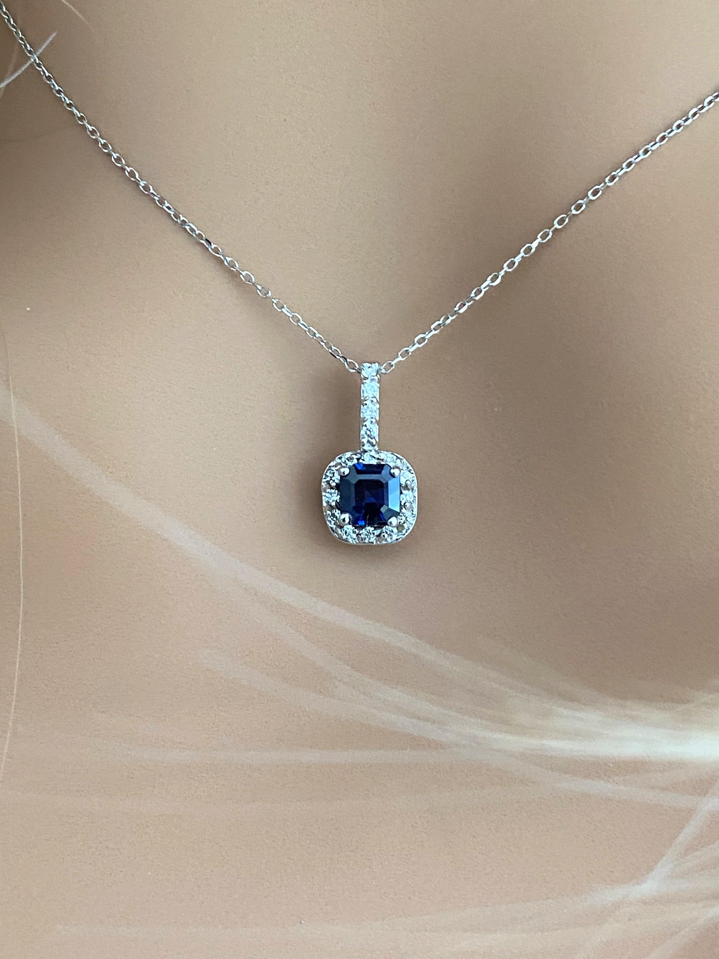 Emerald Shape Blue Sapphire Halo Diamond Drop Gold Pendant Necklace In New Condition In New York, NY