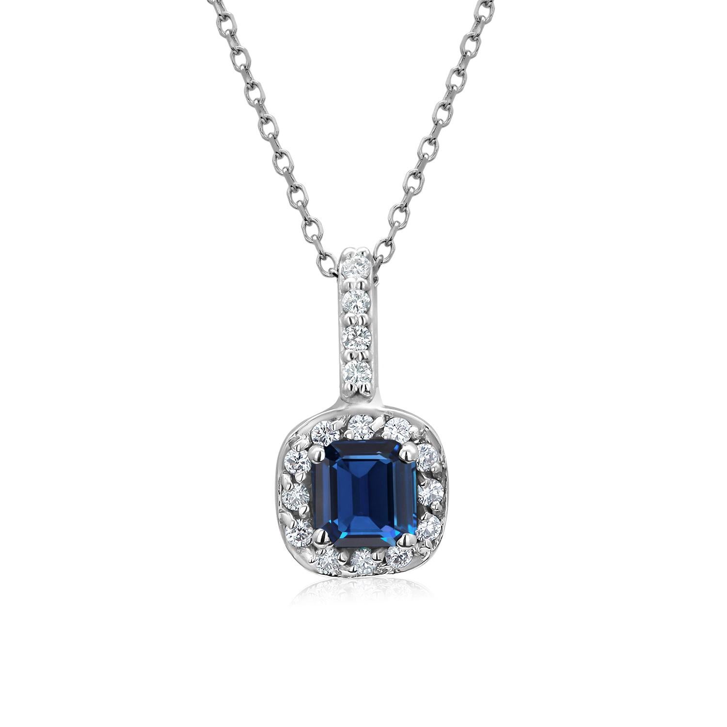 Emerald Shape Blue Sapphire Halo Diamond Drop Gold Pendant Necklace 2