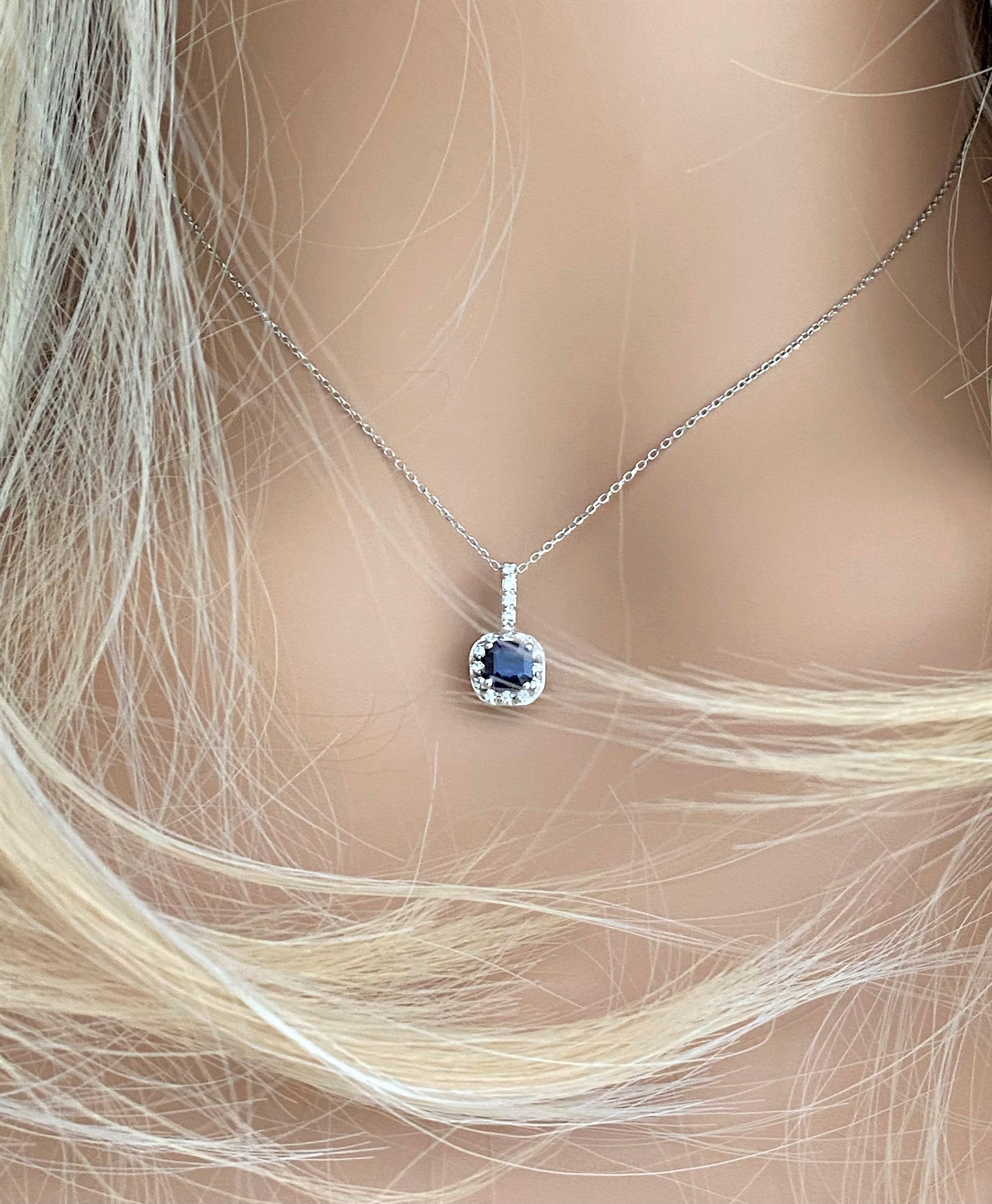 Contemporary Emerald Shape Blue Sapphire Halo Diamond Drop Gold Pendant Necklace