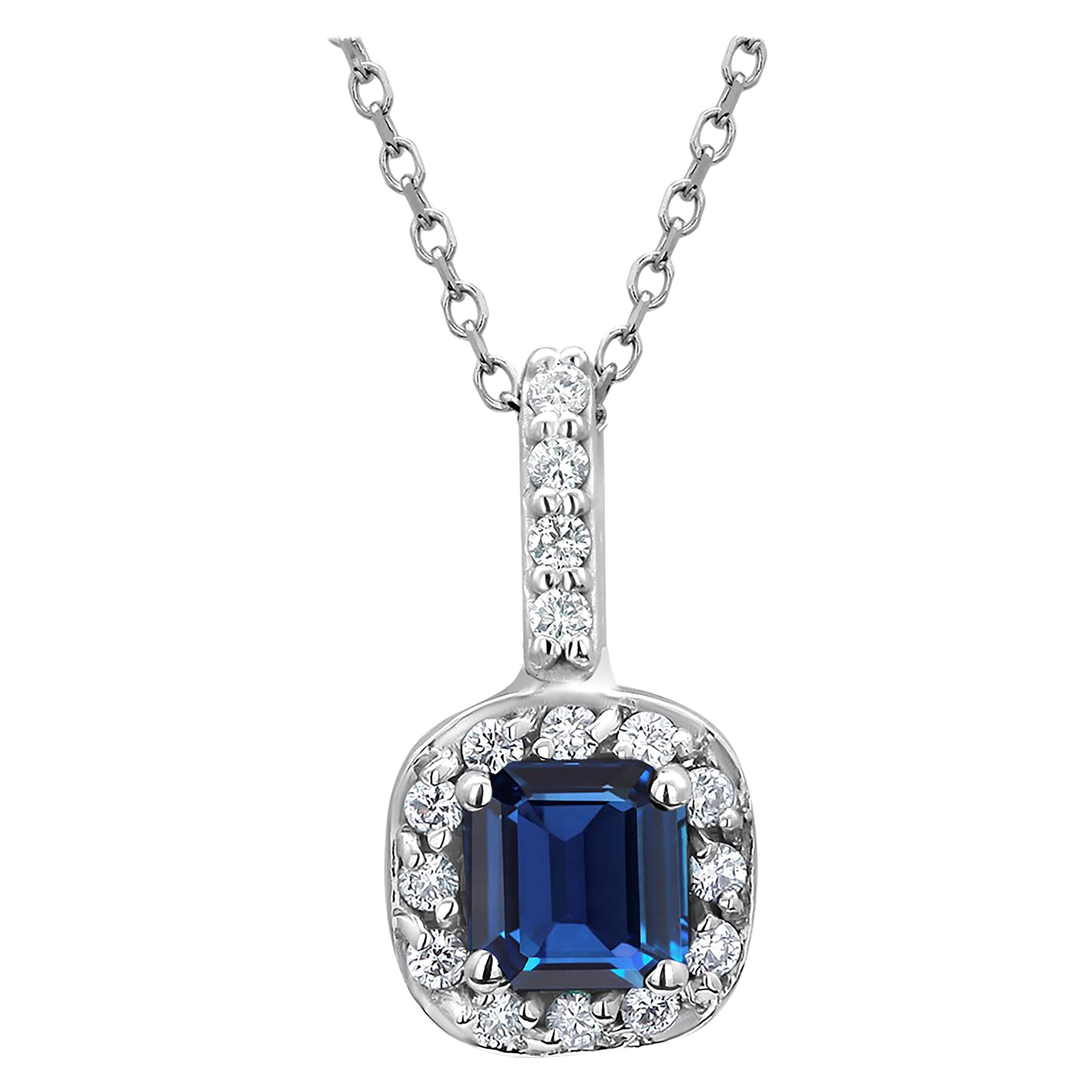 Emerald Shape Blue Sapphire Halo Diamond Drop Gold Pendant Necklace
