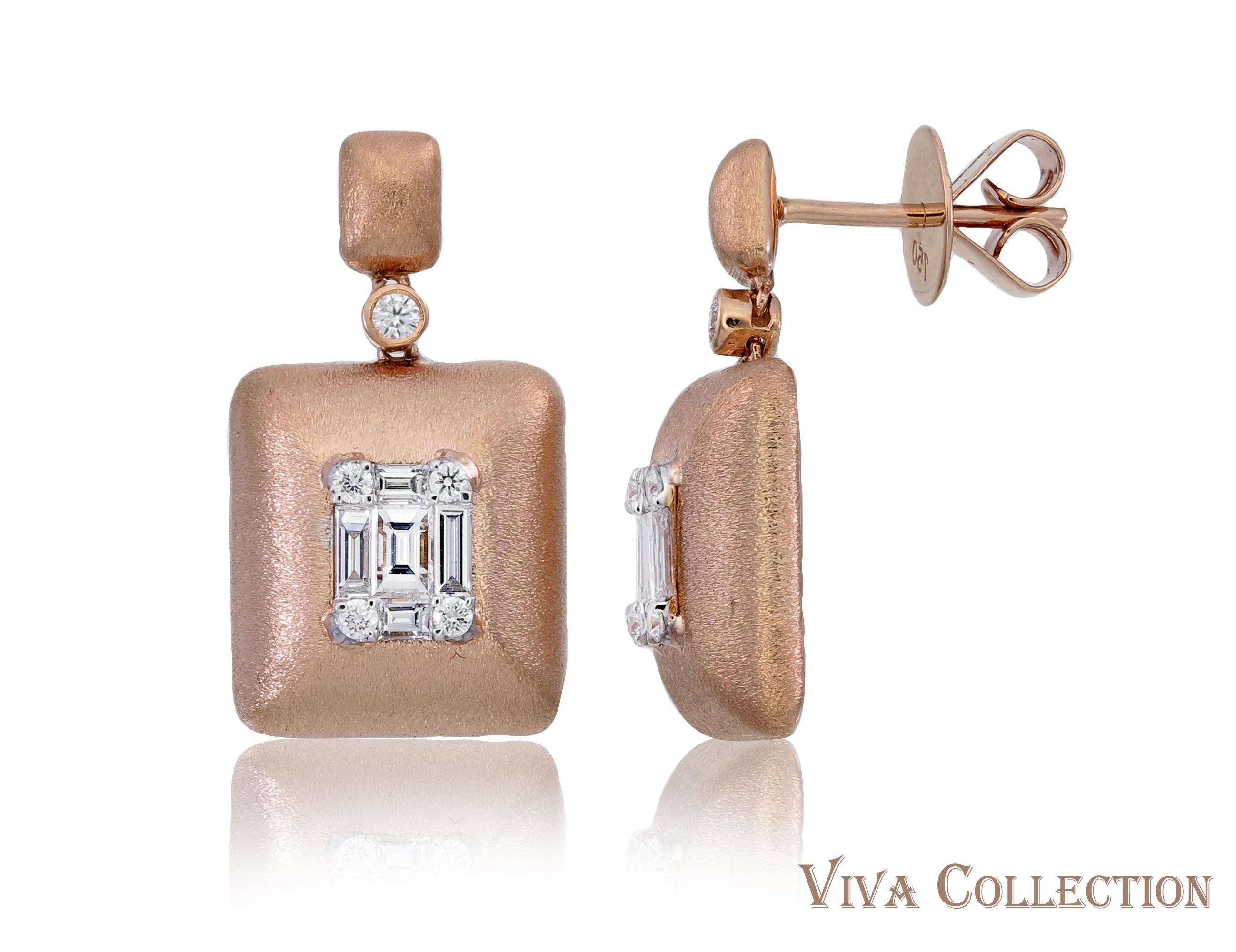 Carefully handcrafted, delicately cut and effortlessly elegant, this 18K Rose gold statement Dangle earring are a collector-friendly piece of jewellery. Using the prong setting. This stunning earring feature carefully crafted Baguette and Round