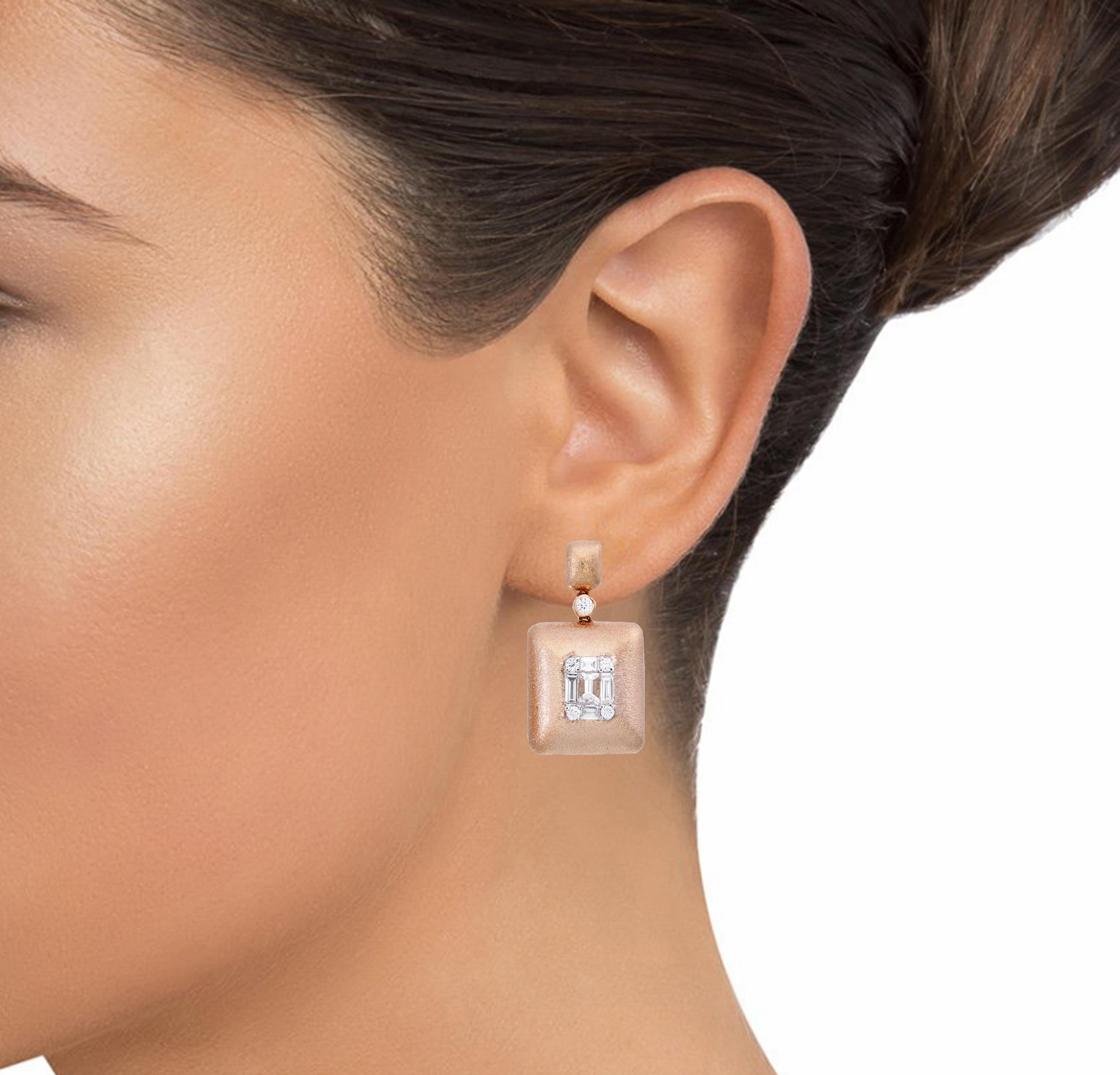 Modern Emerald Shape Illusion Diamond Dangle Earring in 18 Karat Rose Gold For Sale