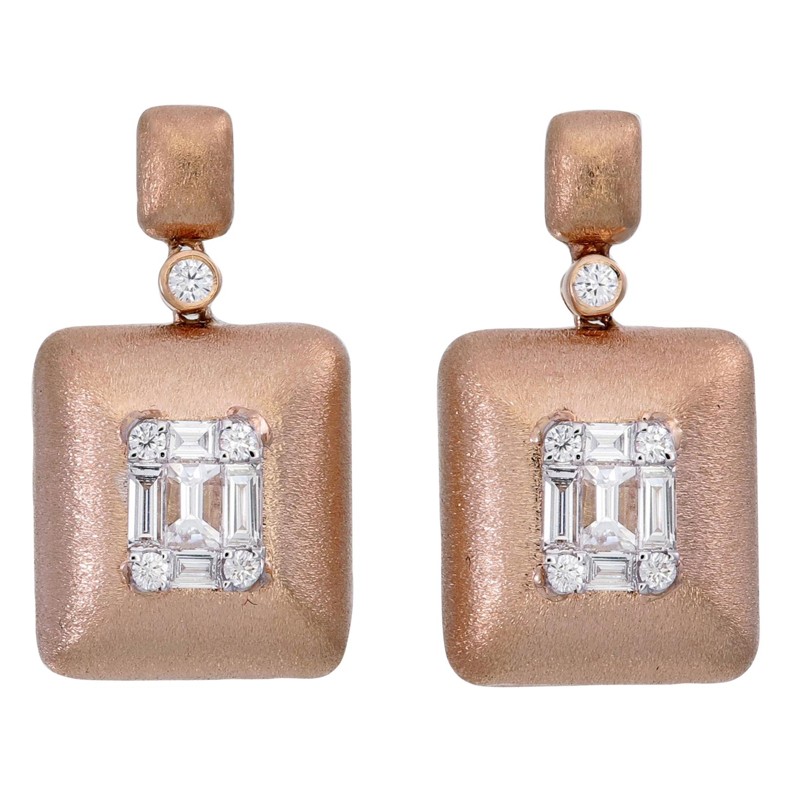 Emerald Shape Illusion Diamond Dangle Earring in 18 Karat Rose Gold For Sale