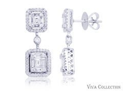 Emerald Shape Illusion Diamond Dangle Earring in 18 Karat White Gold