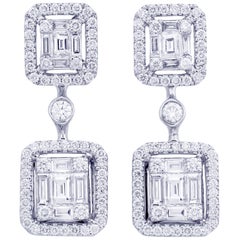 Emerald Shape Illusion Diamond Dangle Earring in 18 Karat White Gold