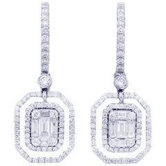 Emerald Shape Illusion Diamond Dangle Earring in 18 Karat White Gold