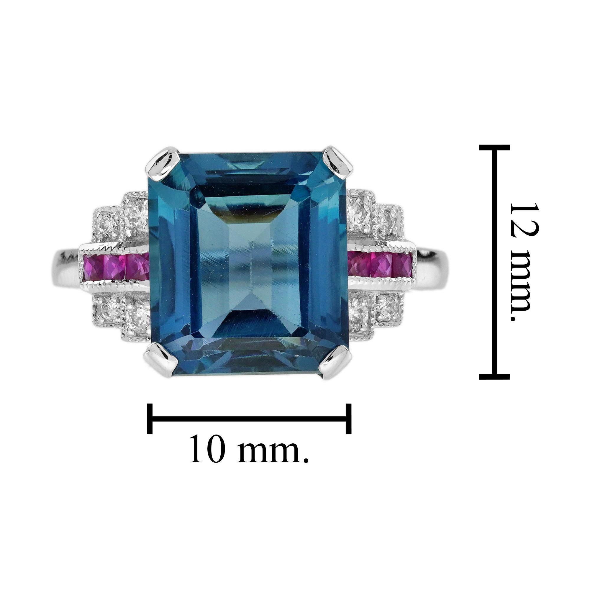 Bague en or blanc de forme émeraude, topaze bleue de Londres et diamant rubis de style Art déco en vente 1