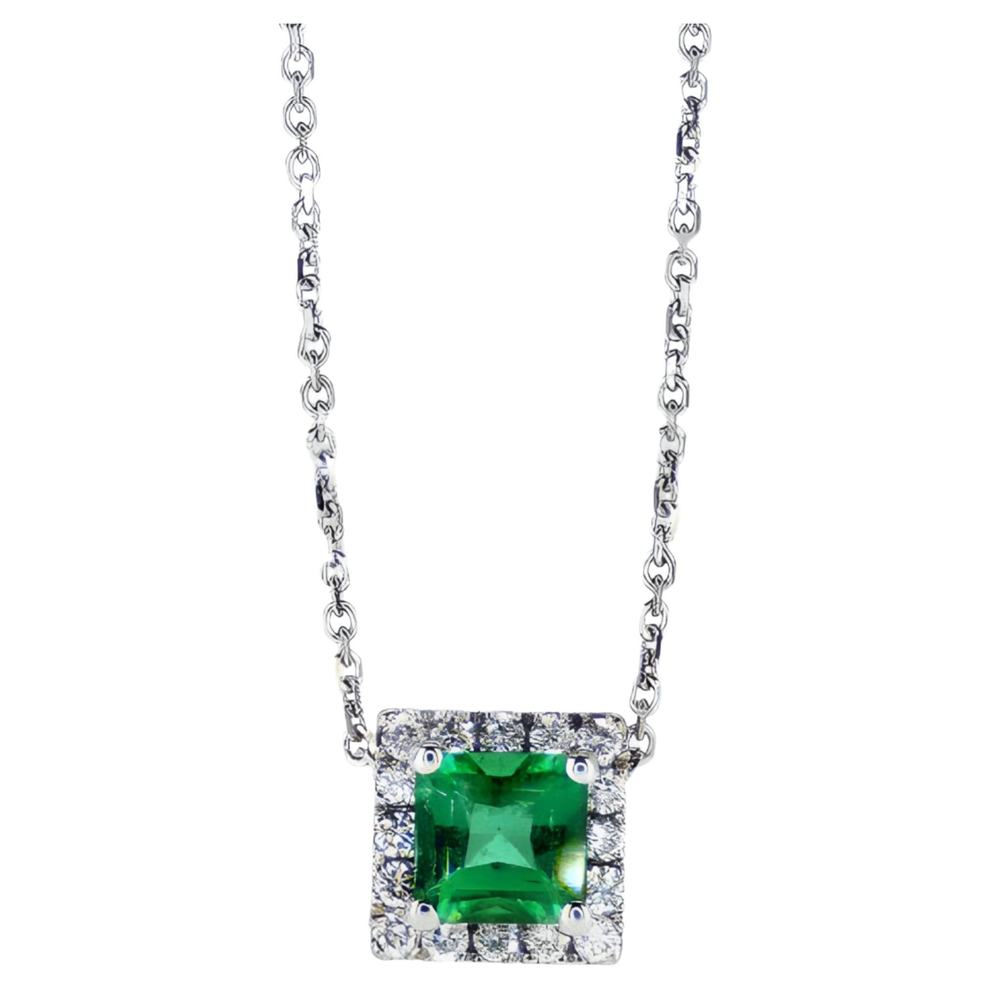 Emerald Shape Natural Emerald Halo Necklace For Sale