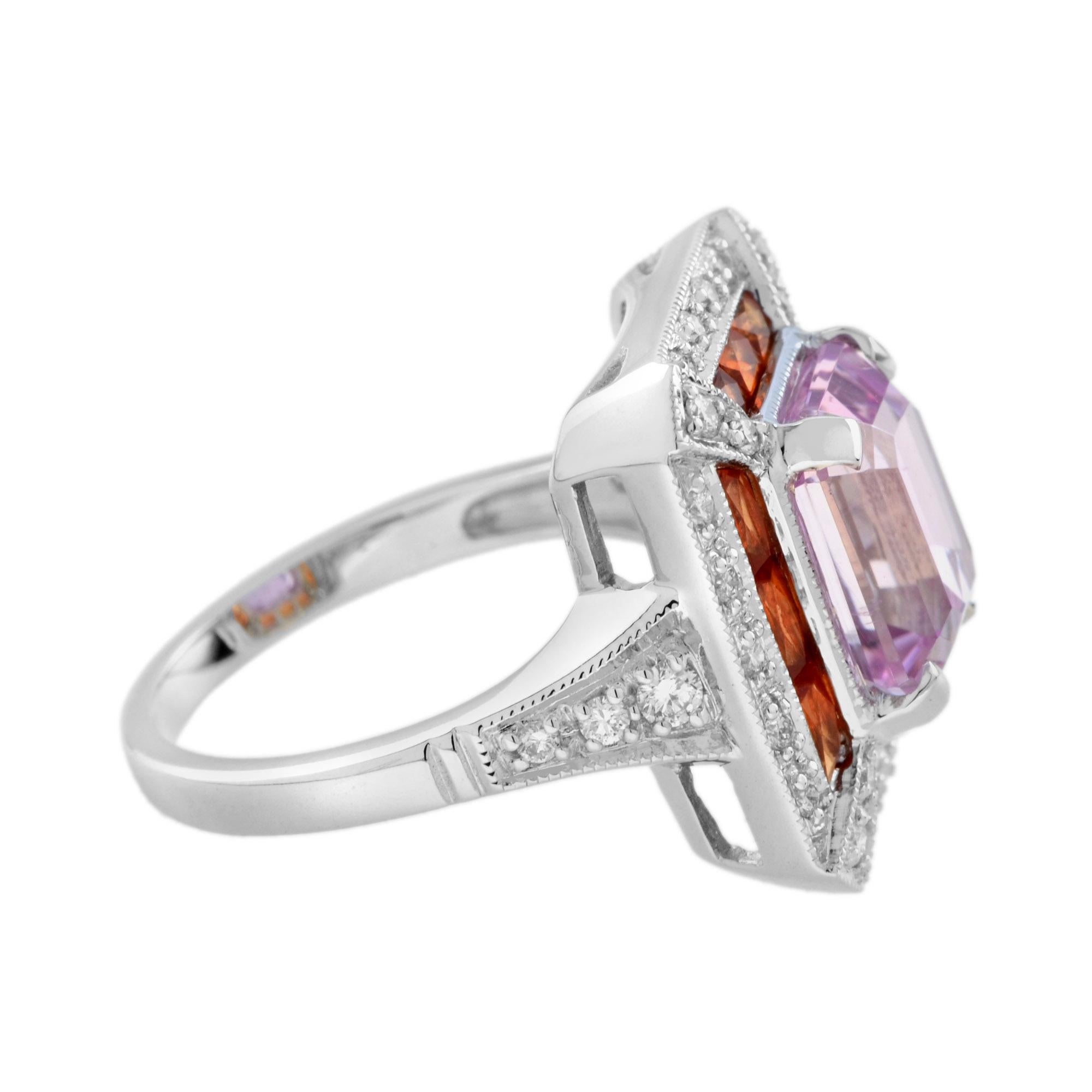 Emerald Shape Pink Kunzite Orange Sapphire & Diamond Art Deco Style Halo Ring (Art déco) im Angebot