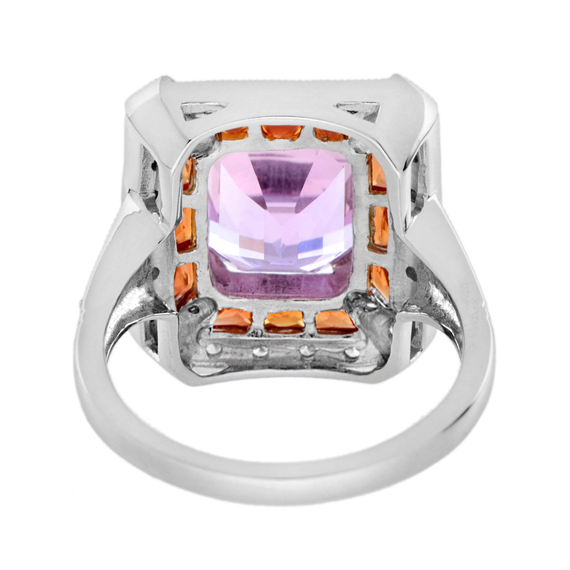 Emerald Shape Pink Kunzite Orange Sapphire & Diamond Art Deco Style Halo Ring (Smaragdschliff) im Angebot