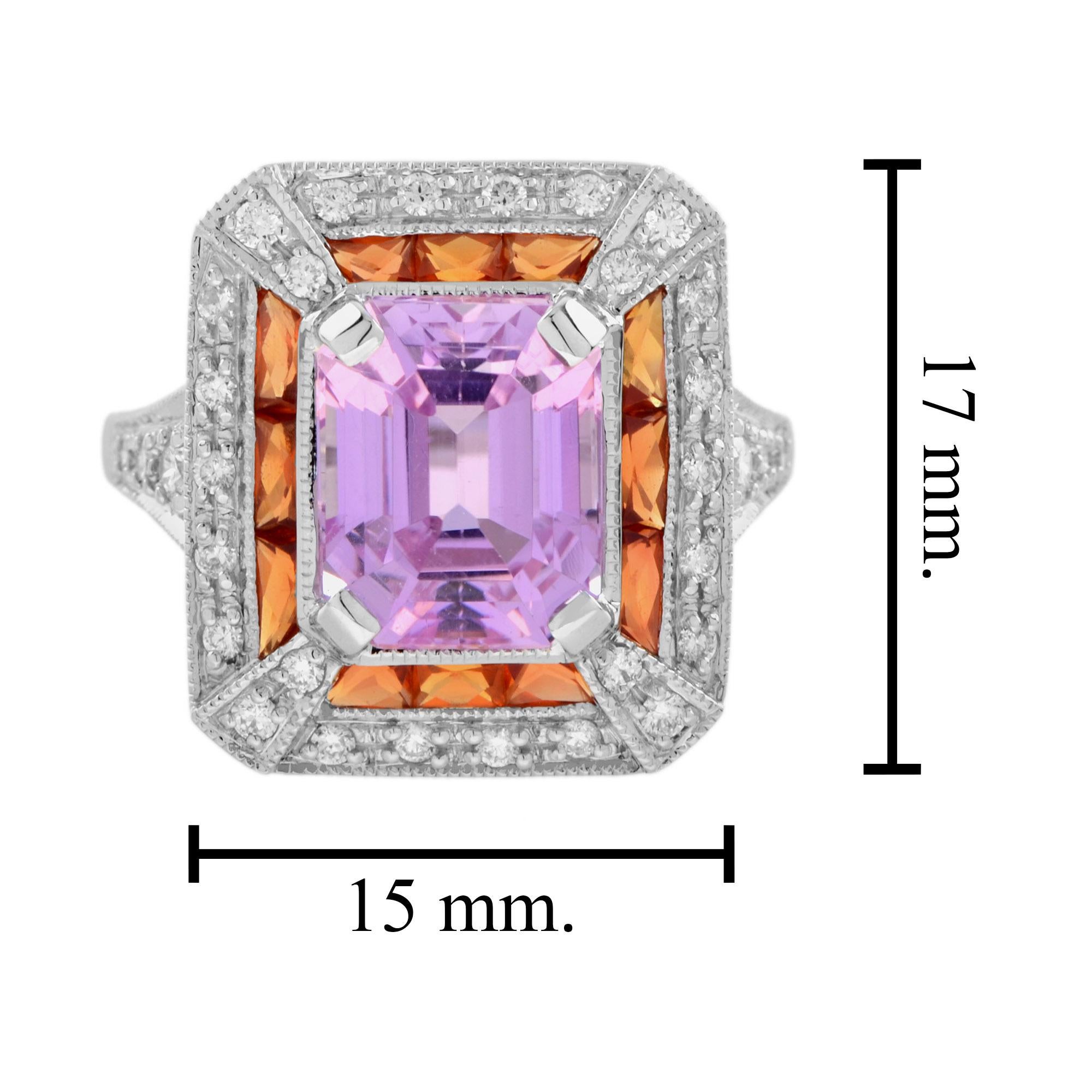 Emerald Shape Pink Kunzite Orange Sapphire & Diamond Art Deco Style Halo Ring im Angebot 2