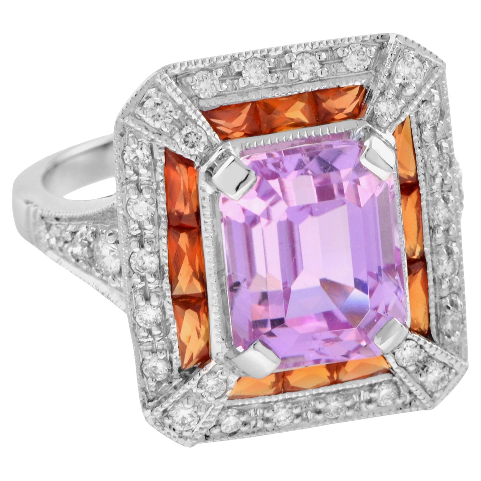 Emerald Shape Pink Kunzite Orange Sapphire & Diamond Art Deco Style Halo Ring