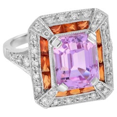 Emerald Shape Pink Kunzite Orange Sapphire & Diamond Art Deco Style Halo Ring