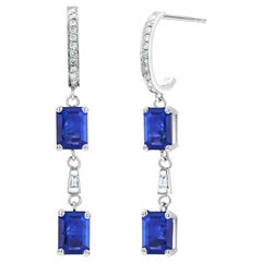 Emerald Cut Shaped Sapphire Diamond Hoop Drops Gold Earrings Weighing 4.60 Carat
