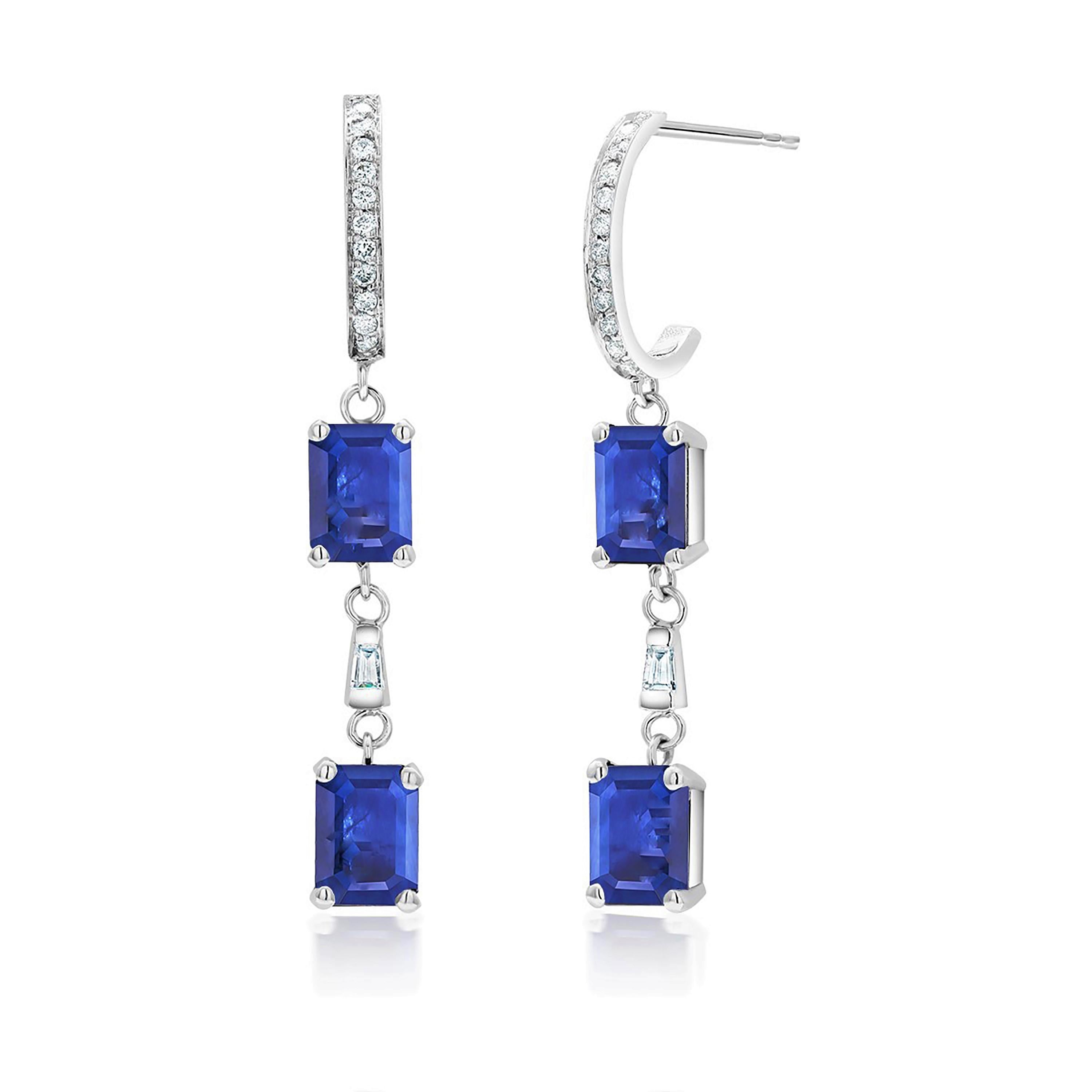 Emerald Cut Shaped Sapphire Diamond Hoop Drops Gold Earrings Weighing 4.60 Carat 1